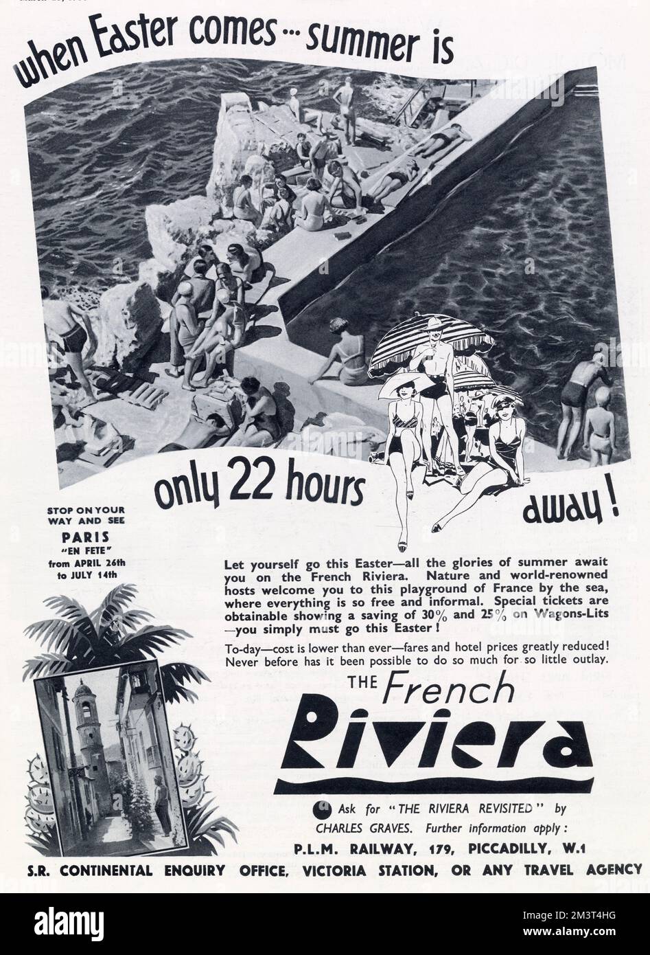 P.L.M Eisenbahnwerbung für die französische Riviera, mit dem glamourösen Mekka des Eden Roc zum Sonnenbaden auf dem oberen Foto. Stockfoto