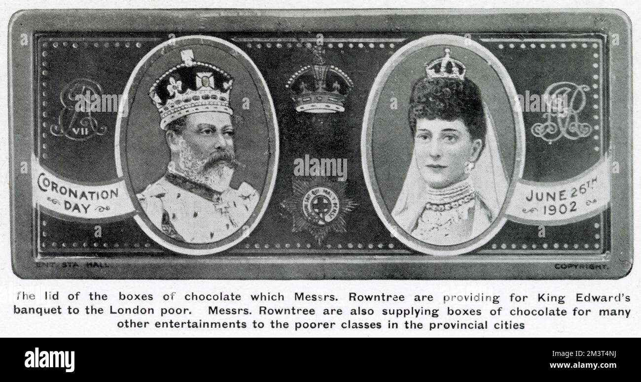 Eines von König Eduard VII's Kononationsgeschenken war für ein Bankett für arme Londoner. Das Datum auf der Rowntree Chocolate Box ist der 26. Juni 1902, das ursprüngliche Datum für die Krönung, aber Edward wurde zwei Tage zuvor erkrankt und für August umgestellt. Stockfoto