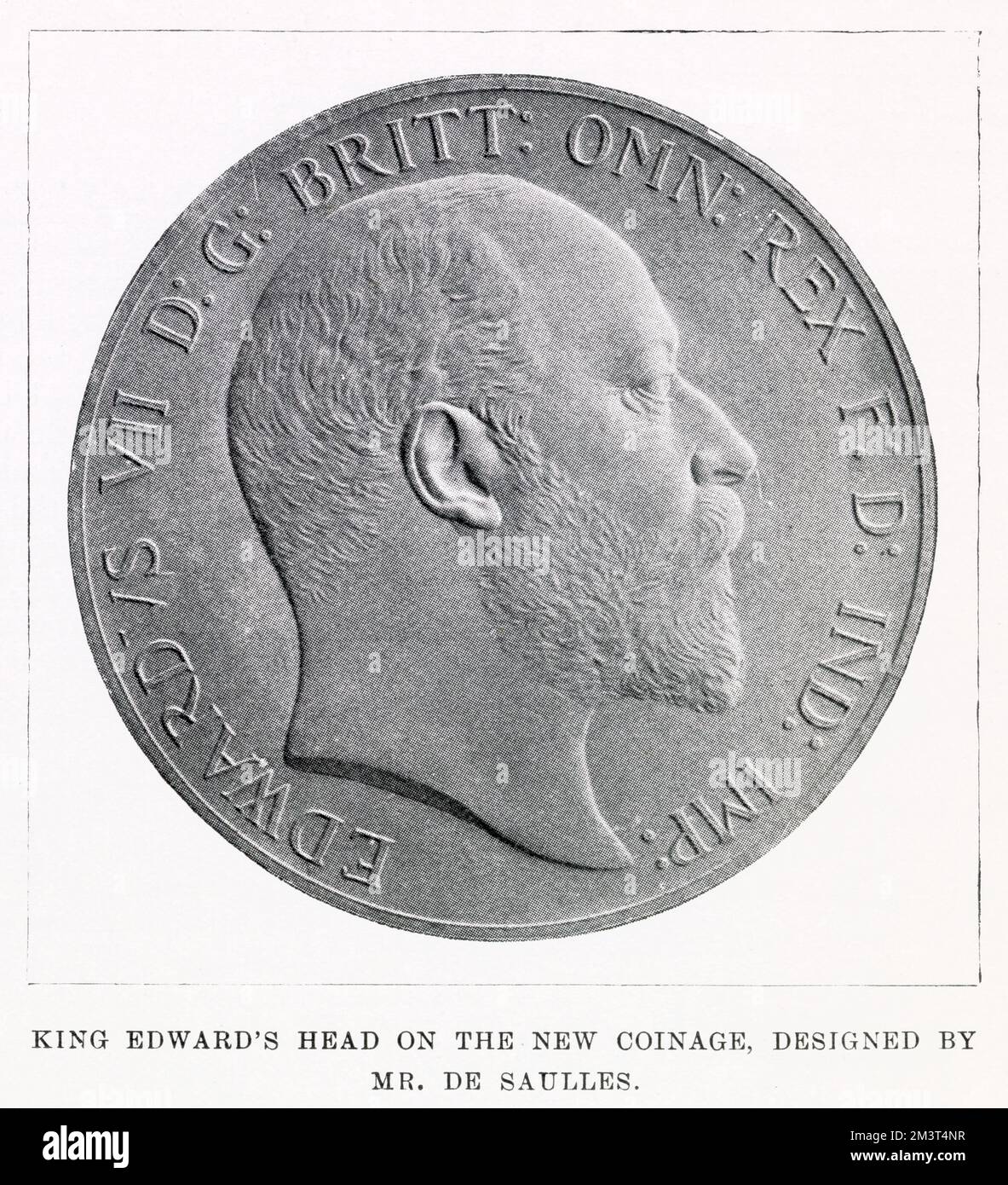 Die neue Münze aus einem Gipskasten von König Edwards VII, entworfen von George William de Saulles. Am Rand erscheint die Aufschrift Edwardvs VII D: G: BRITT: OMN: REX F:D: IND: IMP: (Edwardus VII Dei Gratia Britanniarum et terrarium trans Marina rum qua in diction sunt Britannica, Rex, Fidei defensor, India Imperator. Übersetzt bedeutet: Edward VII durch die Gnade Gottes des Vereinigten Königreichs Großbritannien und Irland und der britischen Dominionen jenseits der Meere, König, Verteidiger des Glaubens, Kaiser von Indien. Datum: Januar 1902 Stockfoto