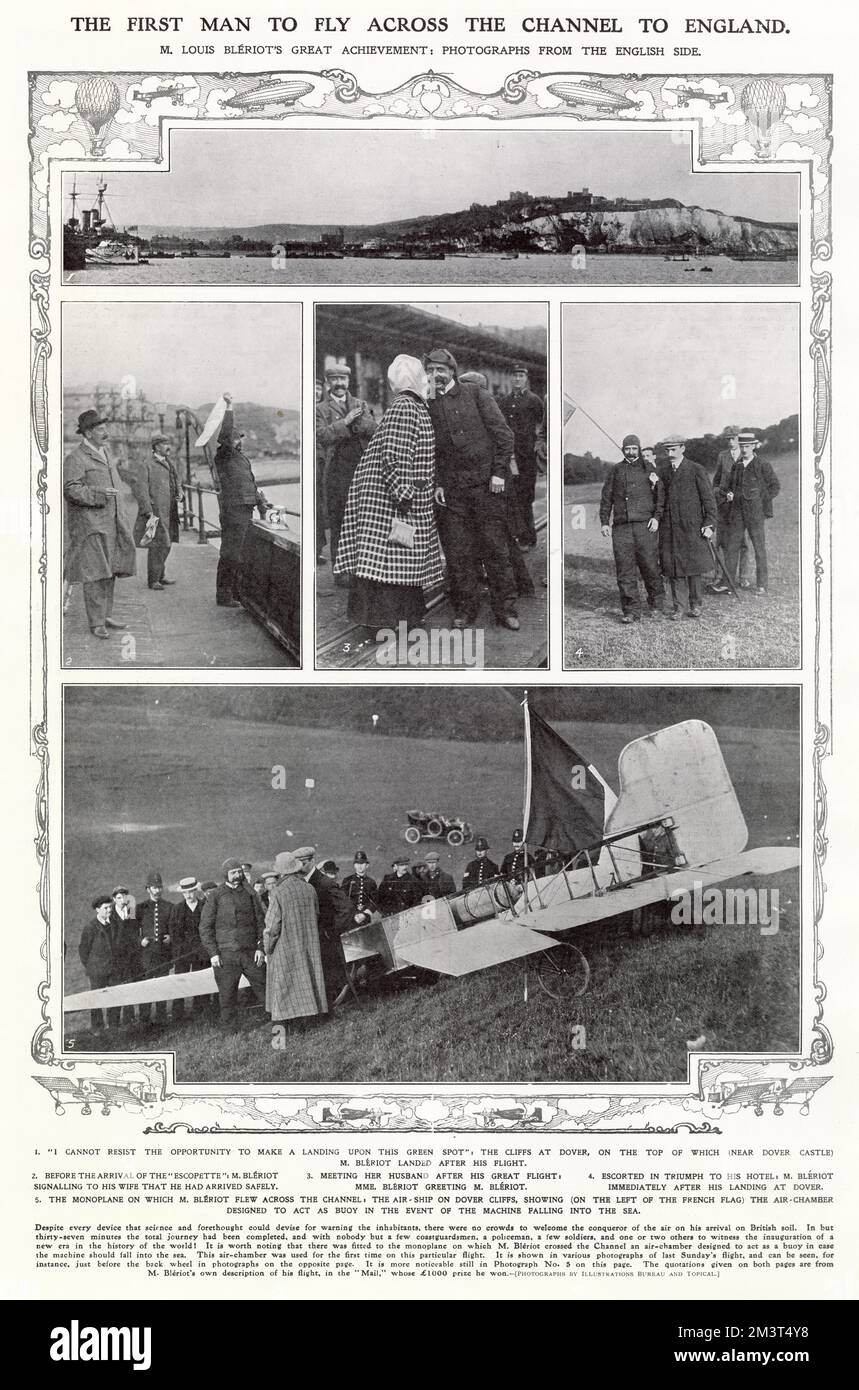 Louis Bleriot (1872 - 1936), französischer Piloten, Erfinder und Ingenieur. Mehrere Fotos wurden in England vom ersten erfolgreichen Flug über den Ärmelkanal, von Calais nach Dover, in etwa vierzig Minuten aufgenommen. Bleriot den „Daily Mail“-Preis von £1.000 gewinnen und außerdem das Kreuz der Ehrenlegion erhalten. Stockfoto