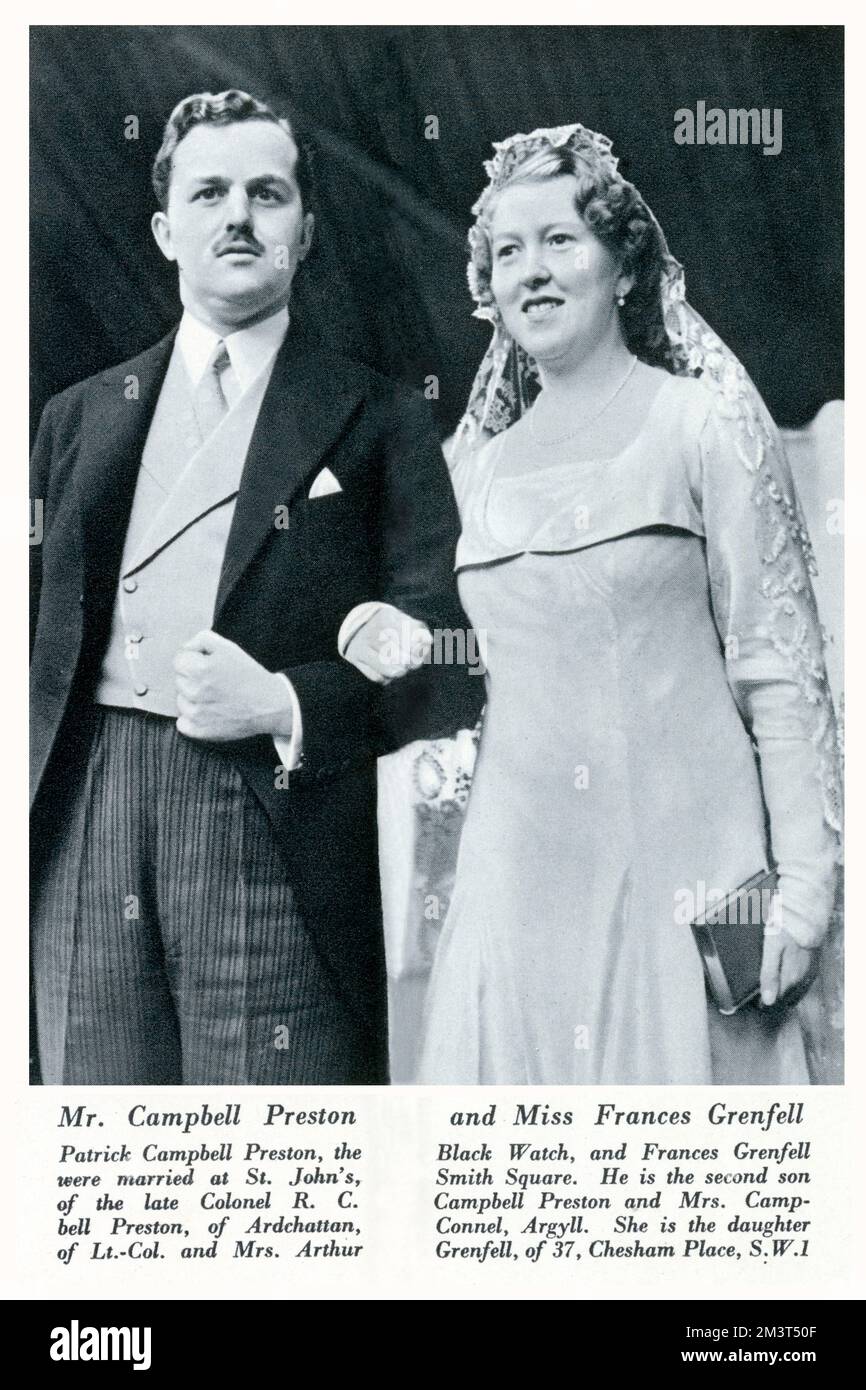 Hochzeit von Mr. Campbell-Preston und Miss Frances Grenfell in St. John's, Smith Square, London. Dame Frances Campbell-Preston wurde im Jahr 1965 Hofdame für Königin Elizabeth, die Königinmutter (eine Rolle, die sie bis zum Tod der Königinmutter im Jahr 2002 innehatte). Sie starb im November 2022 im Alter von 104 Jahren. Datum: 1938 Stockfoto