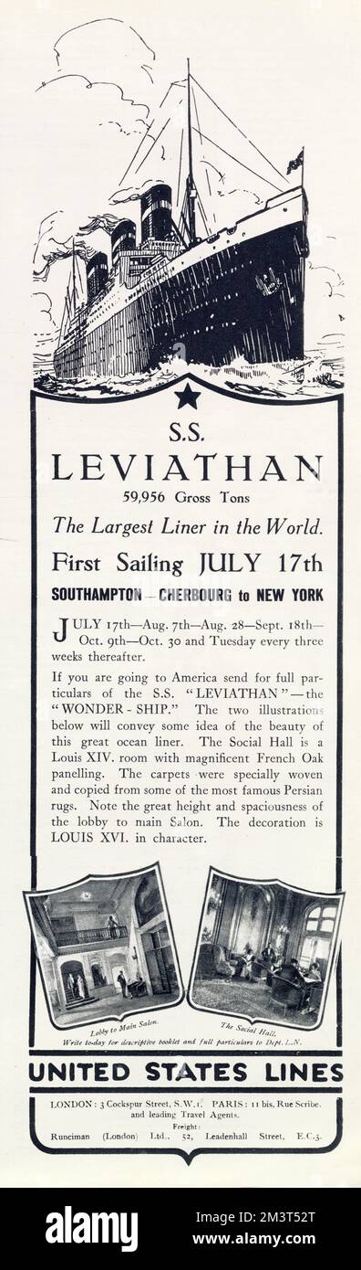Leviathan war das größte Schiff der Welt, mit luxuriösen Unterkünften. Im Ersten Weltkrieg brachte das Leviathan-Schiff Tausende von amerikanischen Truppen über den Atlantik, befallen mit U-Booten und Minenfeldern, das Schiff blieb von jedem Angriff unversehrt. Nach dem Krieg wurde der Leviathan 1923 umgebaut und zu einem großen luxuriösen Kreuzfahrtschiff gemacht. Stockfoto