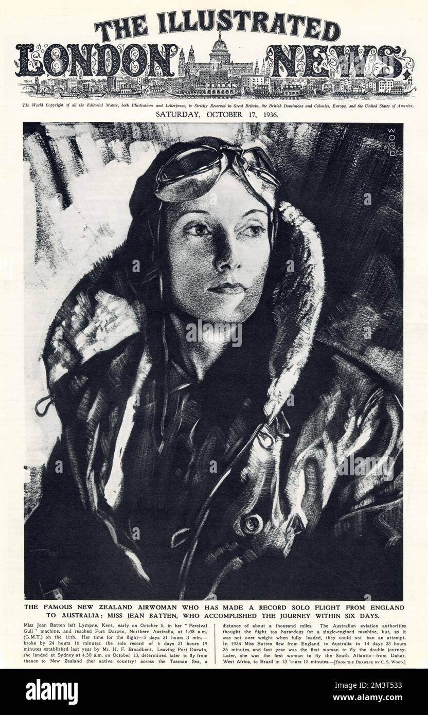 Jane Gardner Batten (1909 - 1982), neuseeländische Pilotin, unternimmt eine Reihe rekordverdächtiger Alleinflüge rund um die Welt. Porträt auf der Vorderseite von „The Illustrated London News“ nach einem Solo-Rekordflug von England nach Australien, der die Reise in sechs Tagen absolvierte. Stockfoto