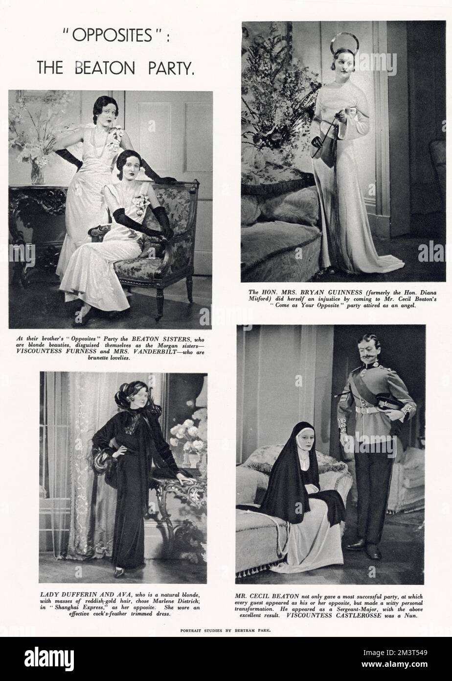 Kostümierte Gäste auf einer der berühmten schicken Kleiderpartys von Cecil Beaton. Das Thema dieses war, als dein Gegenteil zu erscheinen. Deshalb kommen Nancy und Baba Beaton als Thelma Furness und Mrs. Vanderbilt, Mrs. Bryan Guinness als Engel (!), Lady Dufferin und Ava als Marlene Dietrich im Shanghai Express, Beaton selbst als äußerst inkongruenter Hauptfeldwebel und, am besten, die berühmte Betthupferin Doris Castlerosse als Nonne! Stockfoto