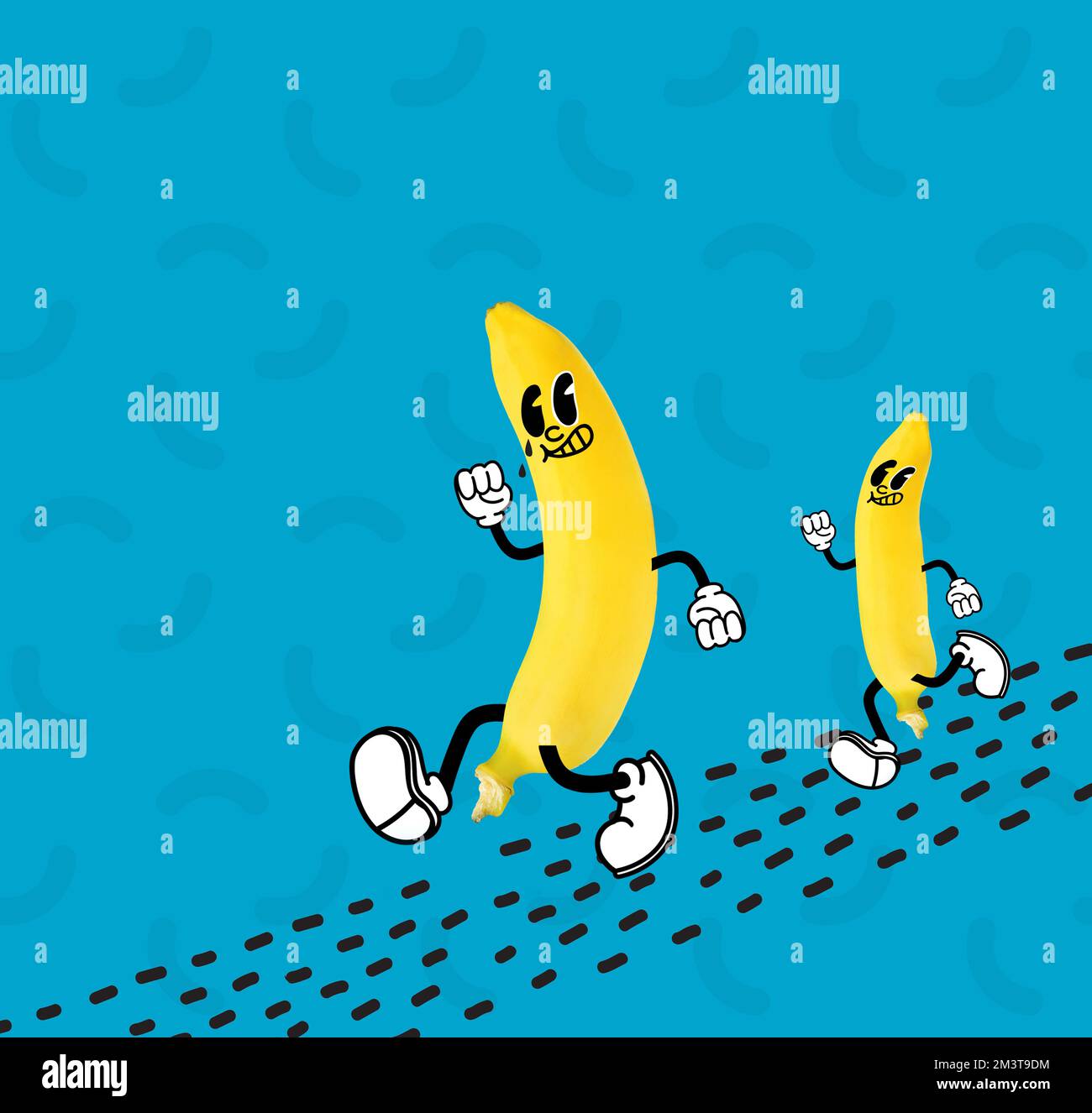 Moderne Kunstcollage. Banane läuft. Grafiken im Sommer, himmlischer Hintergrund. Modernes Speisekonzept. Idee für Werbung, Geschäft und Marketing. Ein CO Stockfoto