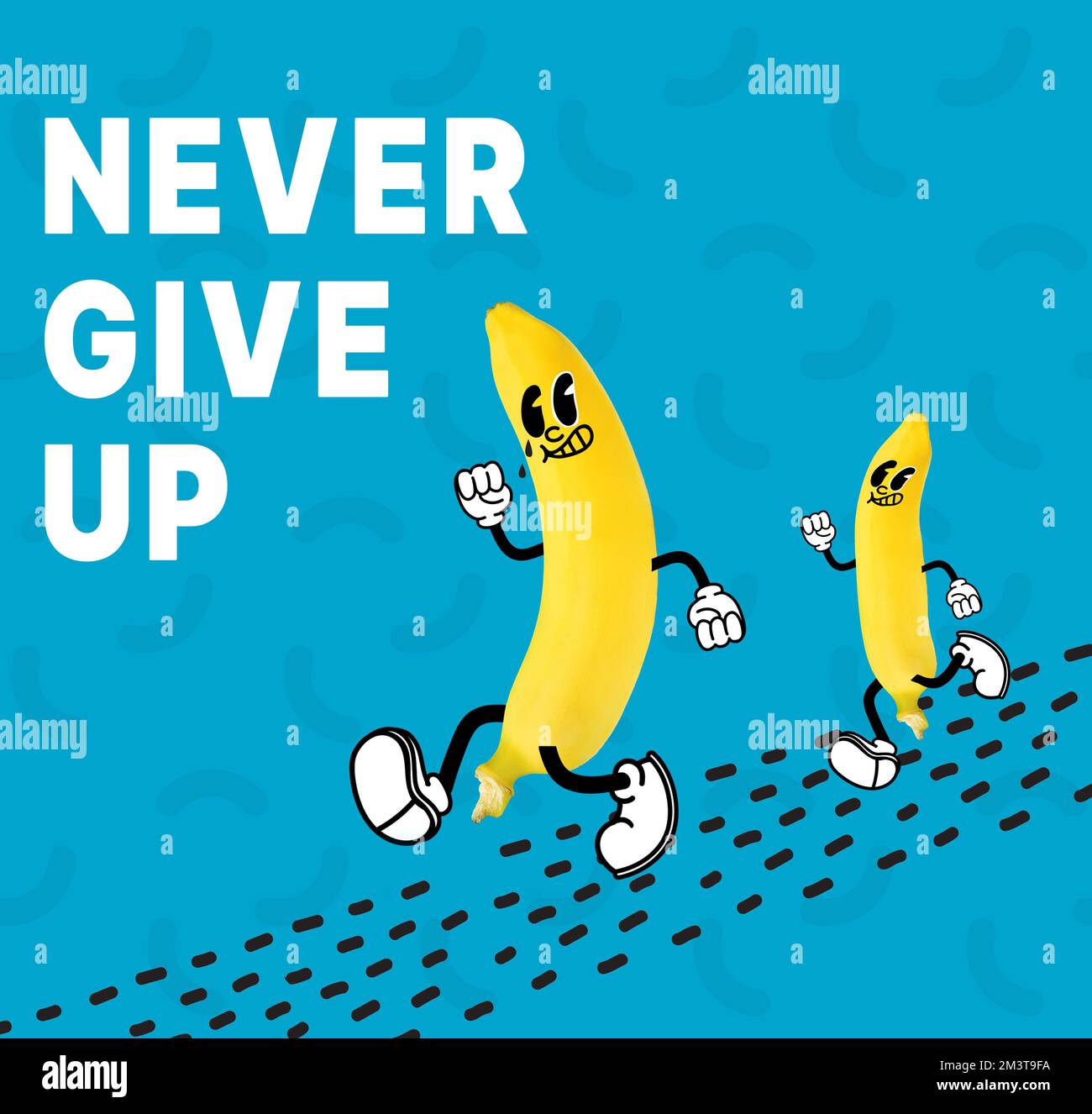 Moderne Kunstcollage. Banane läuft. Grafiken im Sommer, himmlischer Hintergrund. Modernes Speisekonzept. Idee für Werbung, Geschäft und Marketing. Ein CO Stockfoto