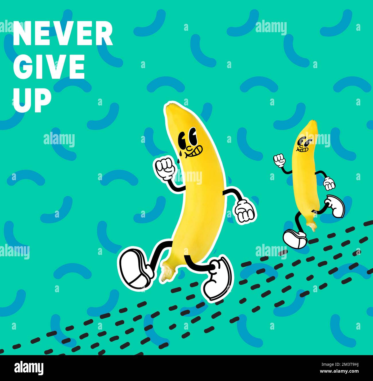 Moderne Kunstcollage. Banane läuft. Grafiken im Sommer, himmlischer Hintergrund. Modernes Speisekonzept. Idee für Werbung, Geschäft und Marketing. Ein CO Stockfoto