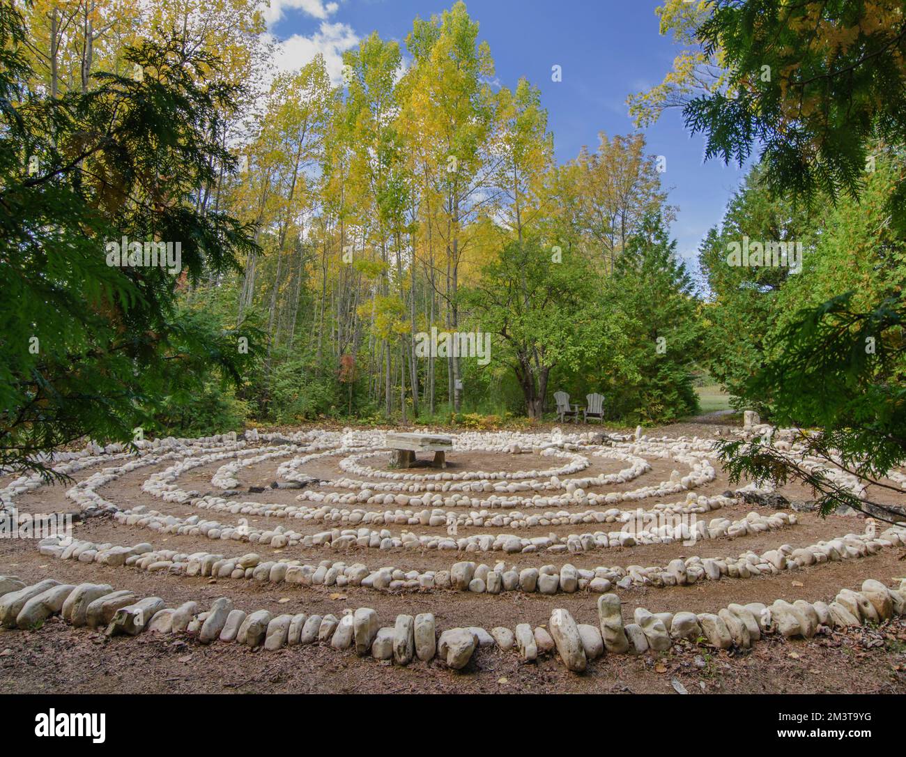 Ein Labyrinth, ein Ort für langsam erwogene Bewegungen hin zu einer Rätselantwort, Door County, Wisconsin Stockfoto