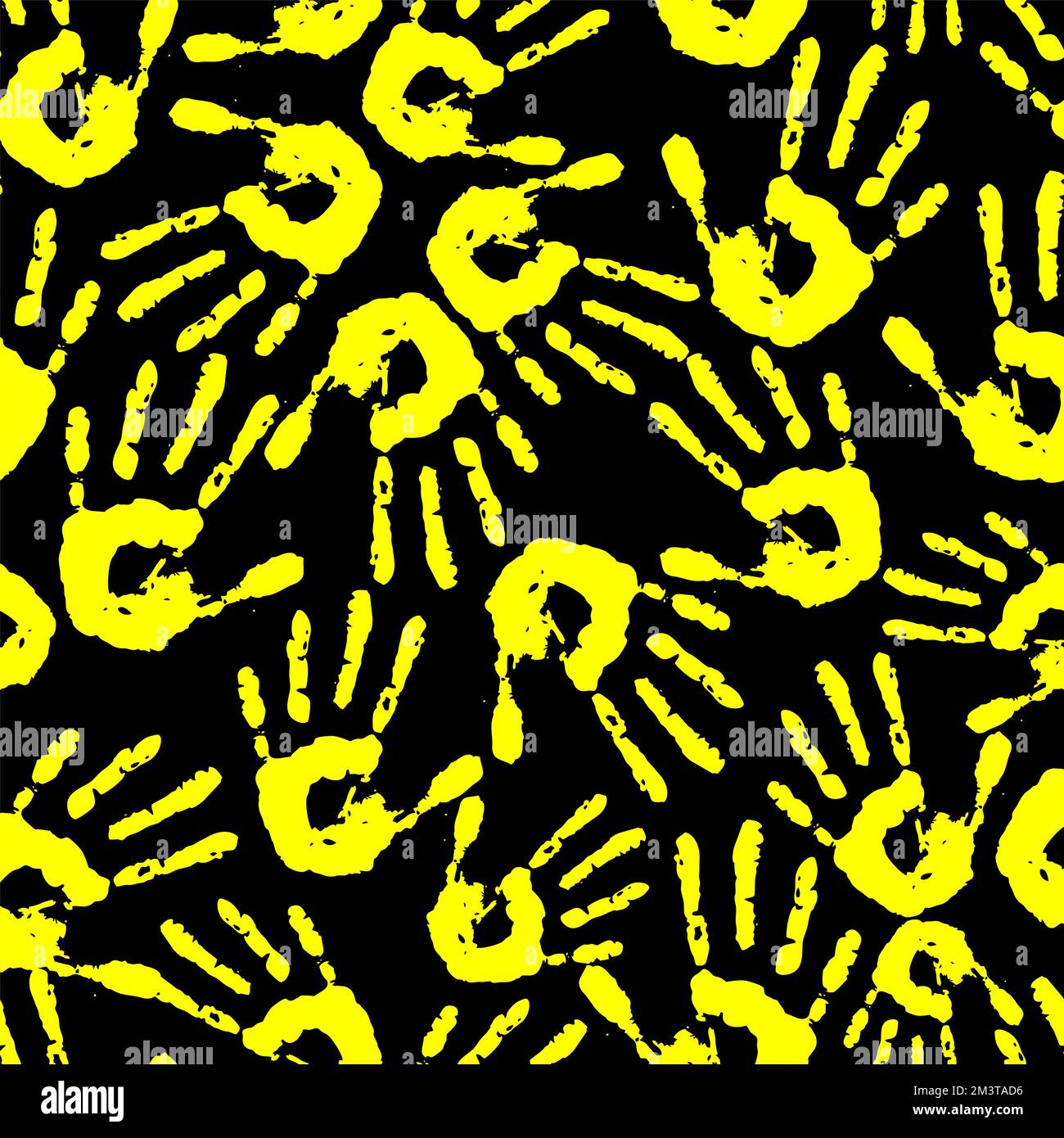 Nahtloses Muster gelber Handabdrücke auf schwarzem Hintergrund, Struktur, Design Stockfoto