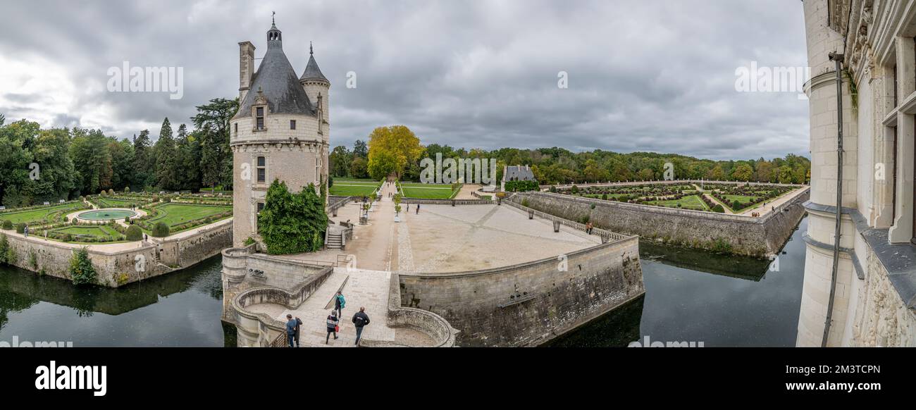 Panorama der Gärten von Château de Chenonceau, Indre-et-Loire, Centre-Val de Loire, Frankreich Stockfoto