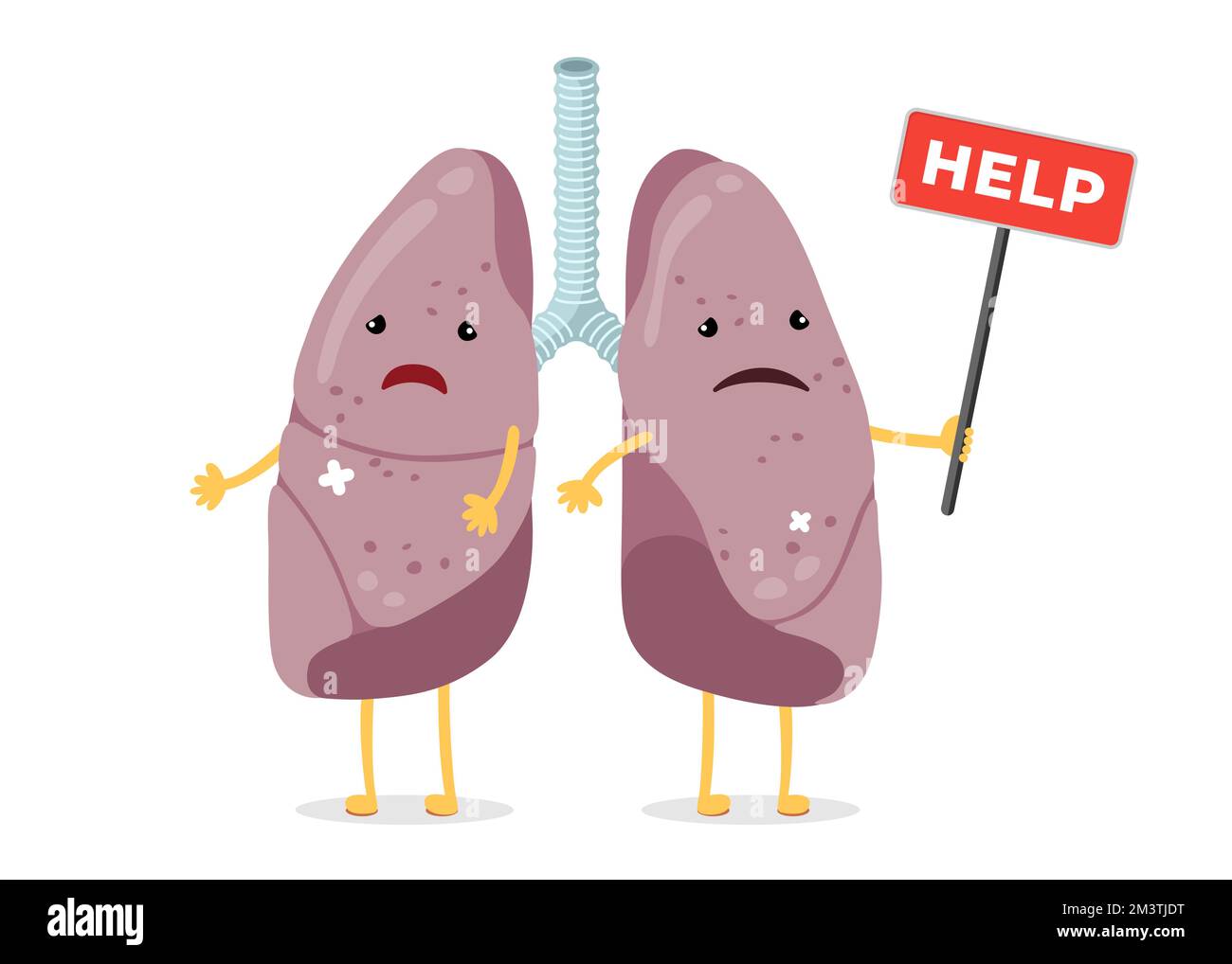 Cartoon traurige leidende, kranke Lungenfiguren. Ungesunde Schädigung des menschlichen Atmungssystems internes Organmaskottchen mit Hilfe-Zeichen. Krankheit und Schmerz Lungenpaarkonzept. Medizinisch-anatomische Schadensvektoren Stock Vektor