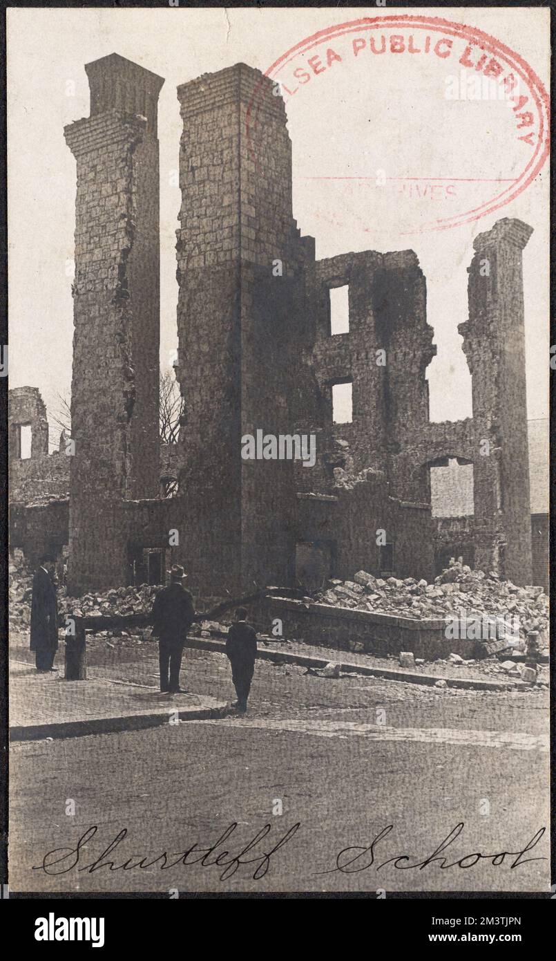 Shurtleff Schule, Feuer, Ruinen, Schulen. Chelsea Public Library Archivsammlung Stockfoto