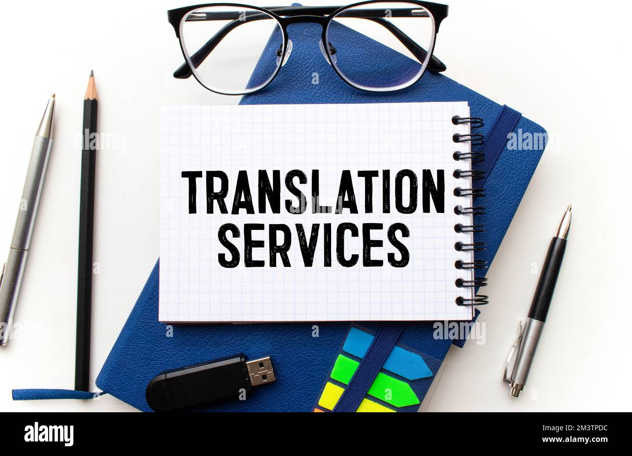 Auf einem Holztisch befinden sich Berichte, eine Topfpflanze, eine Lupe, ein schwarzer Stift und ein Notizbuch mit den ÜBERSETZUNGSDIENSTEN. Geschäftsbetrieb Stockfoto