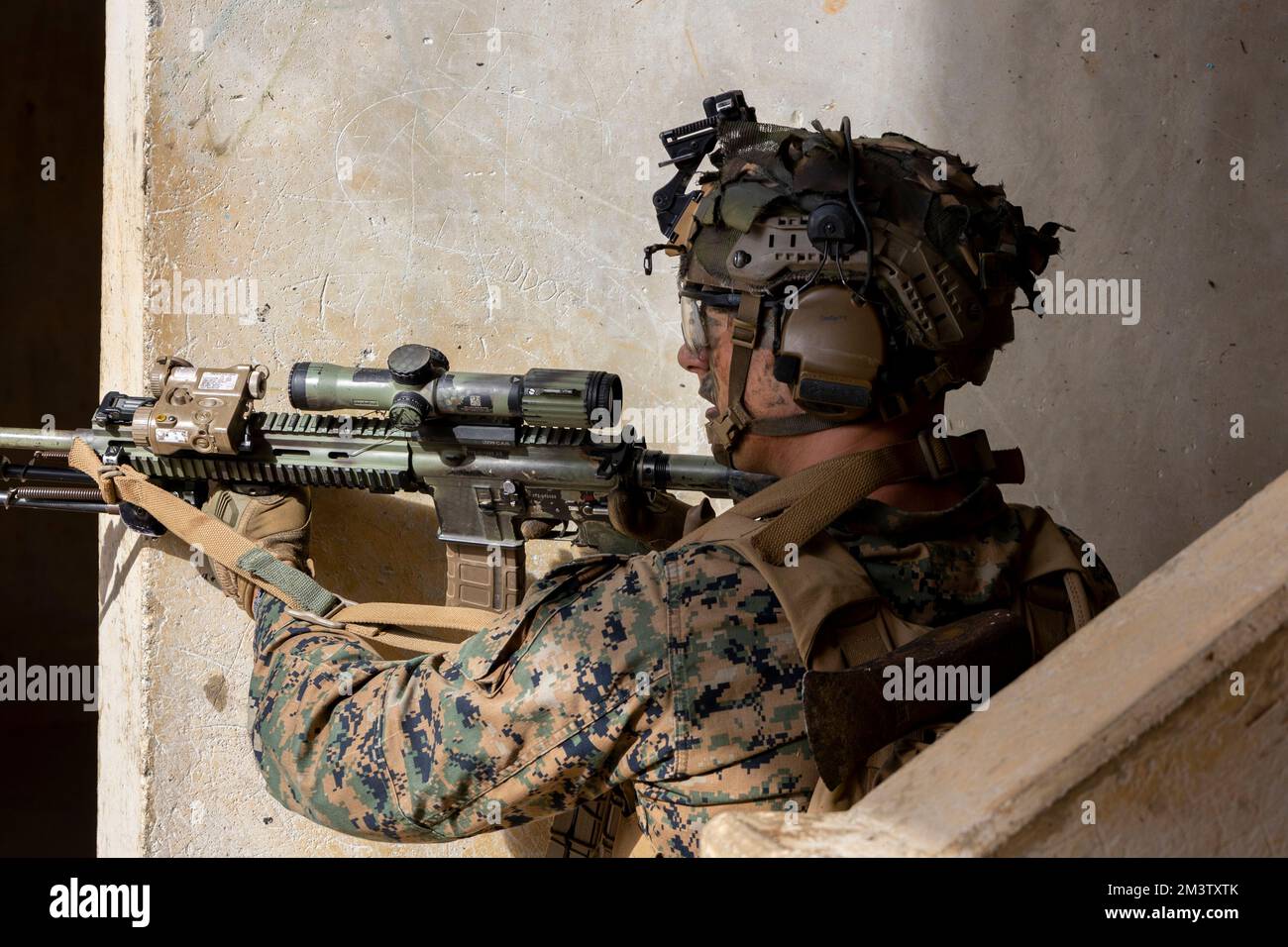 EIN US-AMERIKANISCHER Marinesoldat der Bravo-Kompanie zugeteilt, Bataillon Landing Team 1/4, 31. Marine Expeditionary Unit, postet Sicherheitskräfte während eines mechanischen Überfalls in Camp Hansen, Okinawa, 15. Dezember 2022. Mechanisierte Razzien bieten Marines die Möglichkeit, Feinde in unterschiedlichem Gelände zu lokalisieren, sich ihnen anzunähern und sie zu zerstören. Die MEU von 31., die einzige fortlaufend nach vorn verlegte MEU des Marine Corps, ist eine einsatzbereite und tödliche Truppe, die bereit ist, als führende Krisenreaktionstruppe im Indo-Pazifik ein breites Spektrum militärischer Operationen durchzuführen. (USA Marine Corps Foto von Sergeant Andrew King) Stockfoto