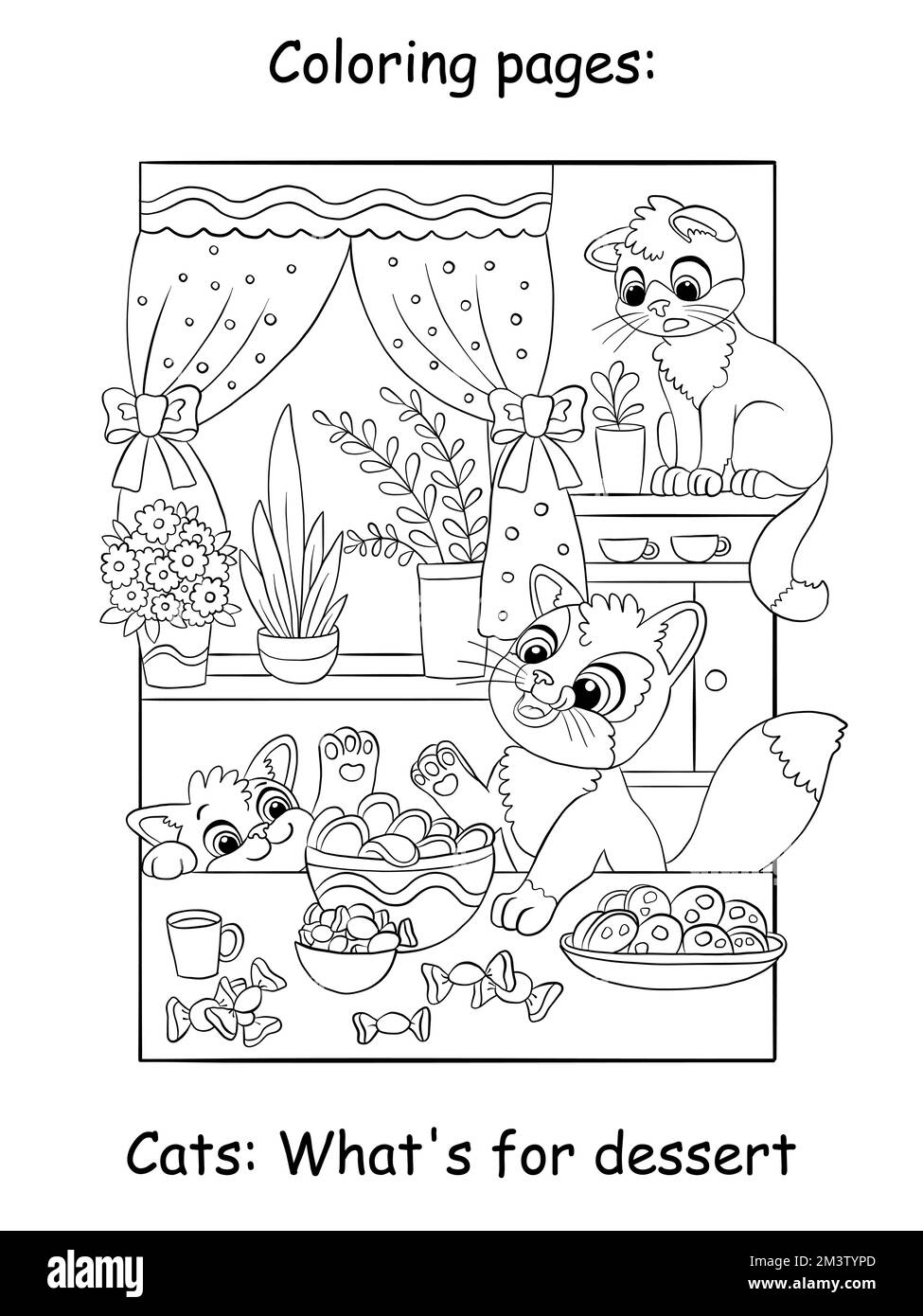 Süße Kätzchen essen Leckereien. Schwarz-weiße Cartoon-Illustration.Vektor-Cartoon-Illustration isoliert auf weißem Hintergrund. Für Malbuch, Ausbildung, Stock Vektor