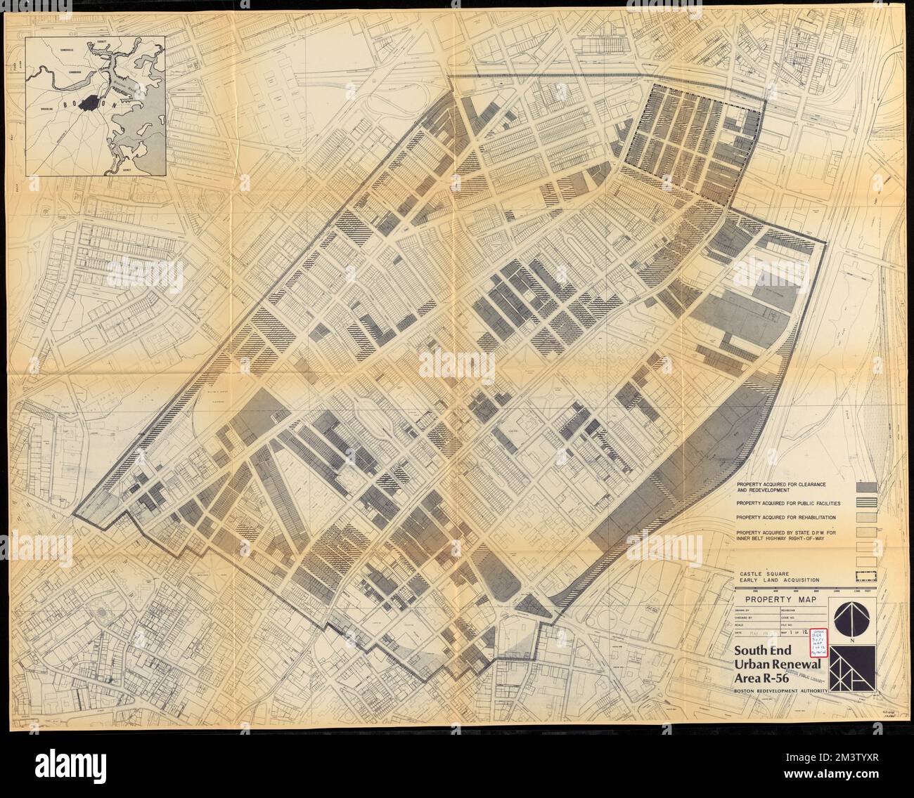 South End Urban Renewal Area R-56 : Grundstückskarte , South End Boston, Massachusetts, Karten, Stadtplanung, Massachusetts, Boston, Landkarten, Immobilien, Massachusetts, Boston, Landkarten, Straßen, Vorfahrt, Massachusetts, Boston, Karten, Eminent Domain, Massachusetts, Boston, Karten Stockfoto