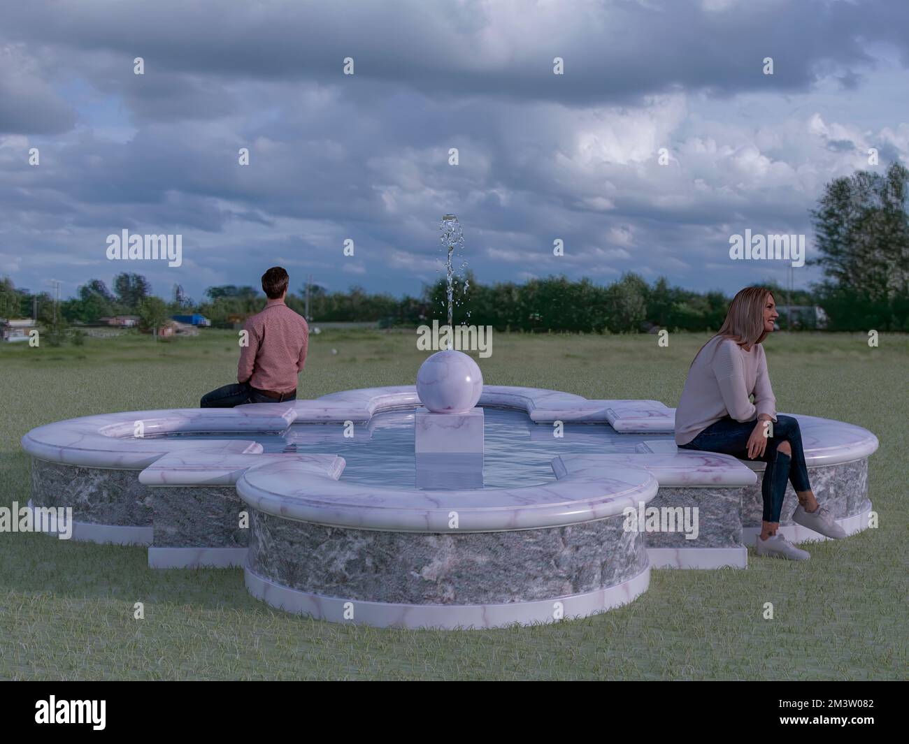 Ein paar kleine Jungen und Mädchen, die mit dem Rücken zueinander sitzen, auf einem Brunnen in der Mitte des Feldes. Darstellung von Wut, Streit, 3D Stockfoto