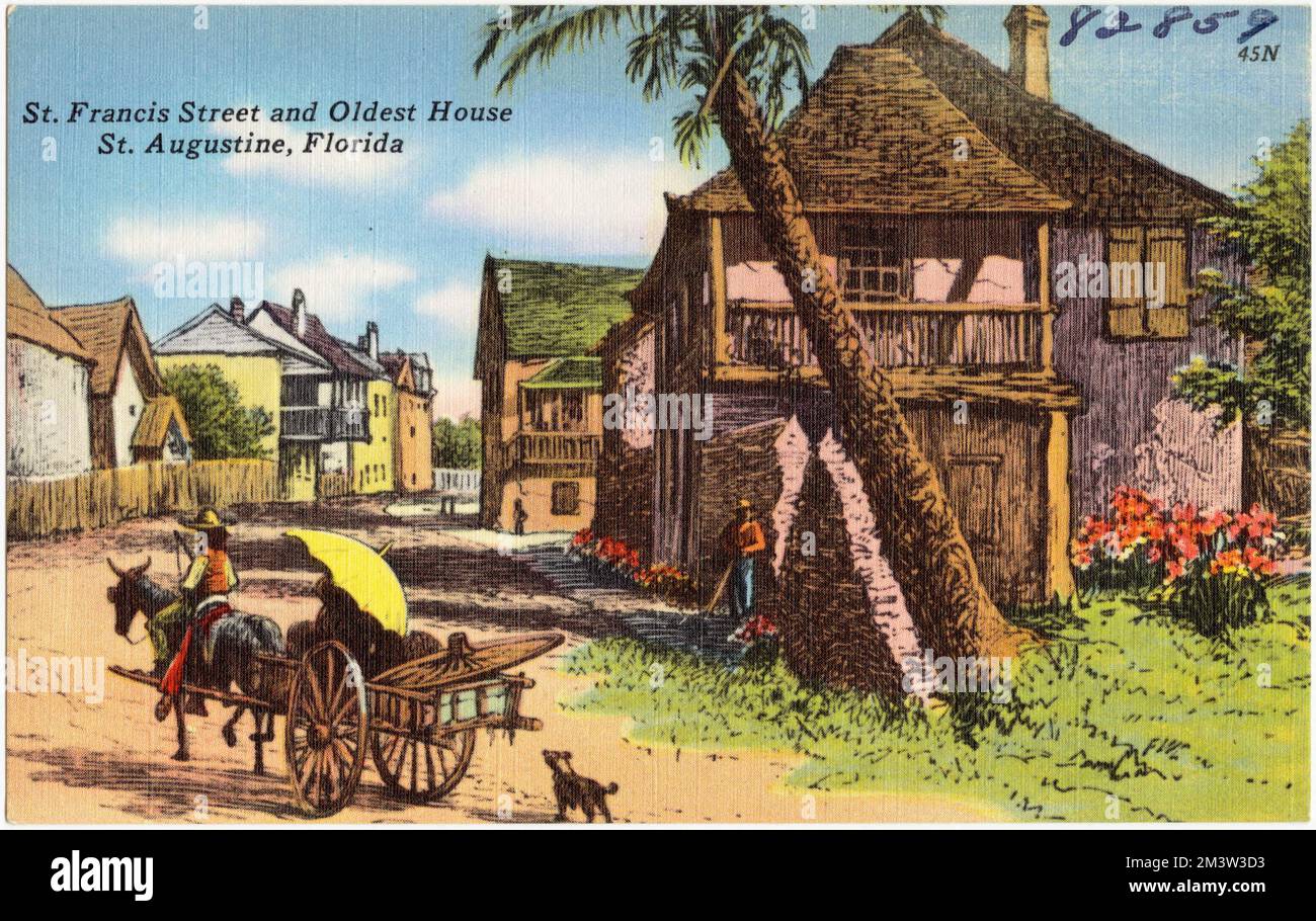 St. Francis Street und das älteste Haus, St. Augustine, Florida, historische Stätten, Tichnor Brothers Collection, Postkarten der Vereinigten Staaten Stockfoto