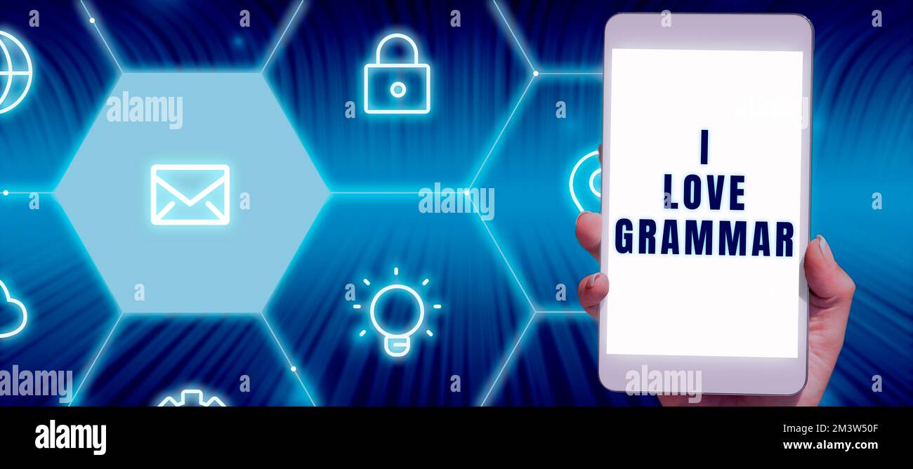 Zeichen, das die Grammatik „Ich liebe“ anzeigt. Wort für Akt der Bewunderung des Systems und der Struktur der Sprache Stockfoto