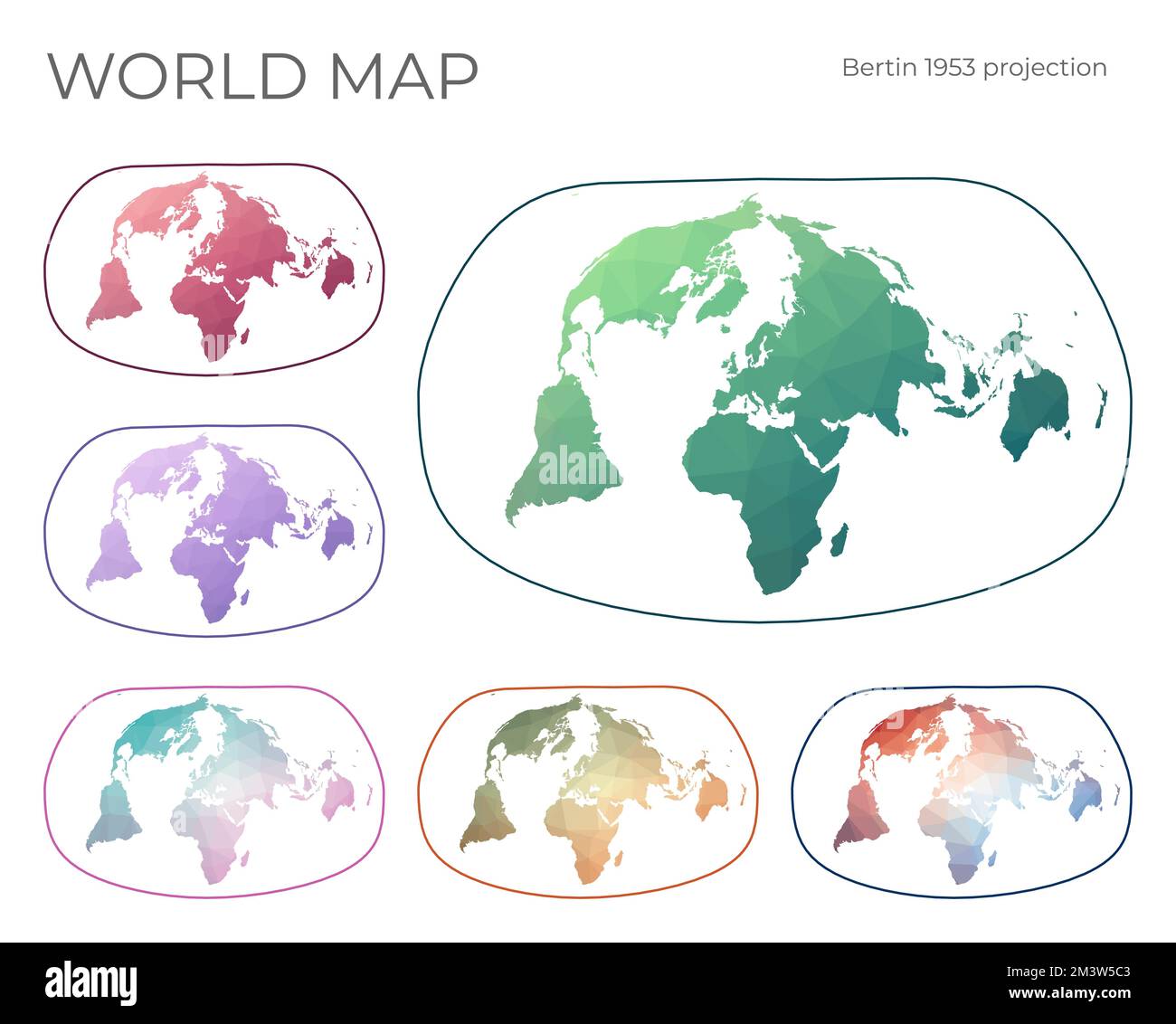 Niedrige Poly-Welt-Karte Eingestellt. Jacques Bertins Projektion 1953. Sammlung der Weltkarten im geometrischen Stil. Vektordarstellung. Stock Vektor