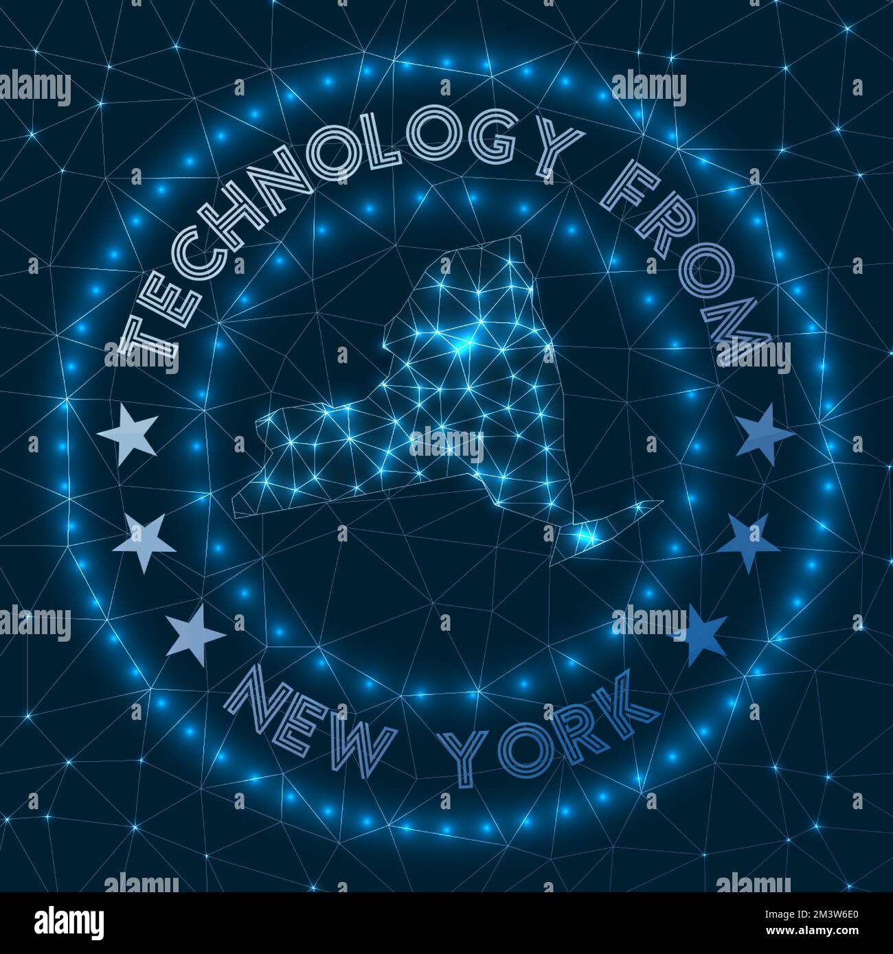 Technologie Aus New York. Futuristisches geometrisches Abzeichen des US-Bundesstaates. Technologisches Konzept. Rundes New York Logo. Vektorabbildung. Stock Vektor