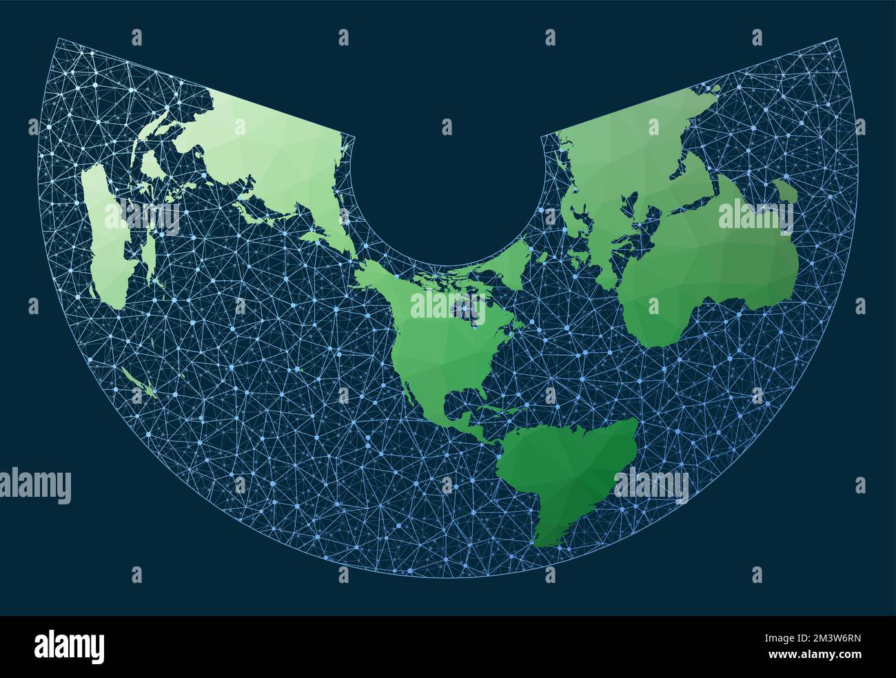 Kommunikationskarte der Welt. Albers-Projektion. Grüne, niedrige Poly-Welt-Karte mit Netzwerkhintergrund. Künstlerisch vernetzte Welt für Infografiken oder Pre Stock Vektor