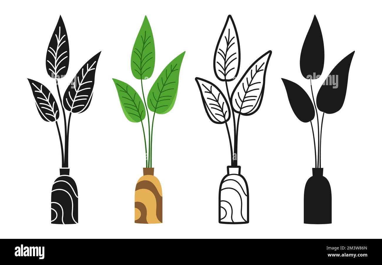 Hauspflanze in Vase, dekoratives Cartoon-Set. Exotische Zimmerpflanzen Blumentopf für den Innenbereich. Botanische Keramik-Topfpflanzen Doodle, Line Icon oder Silhouette-Kollektion. Isolierter flacher Vektor Stock Vektor