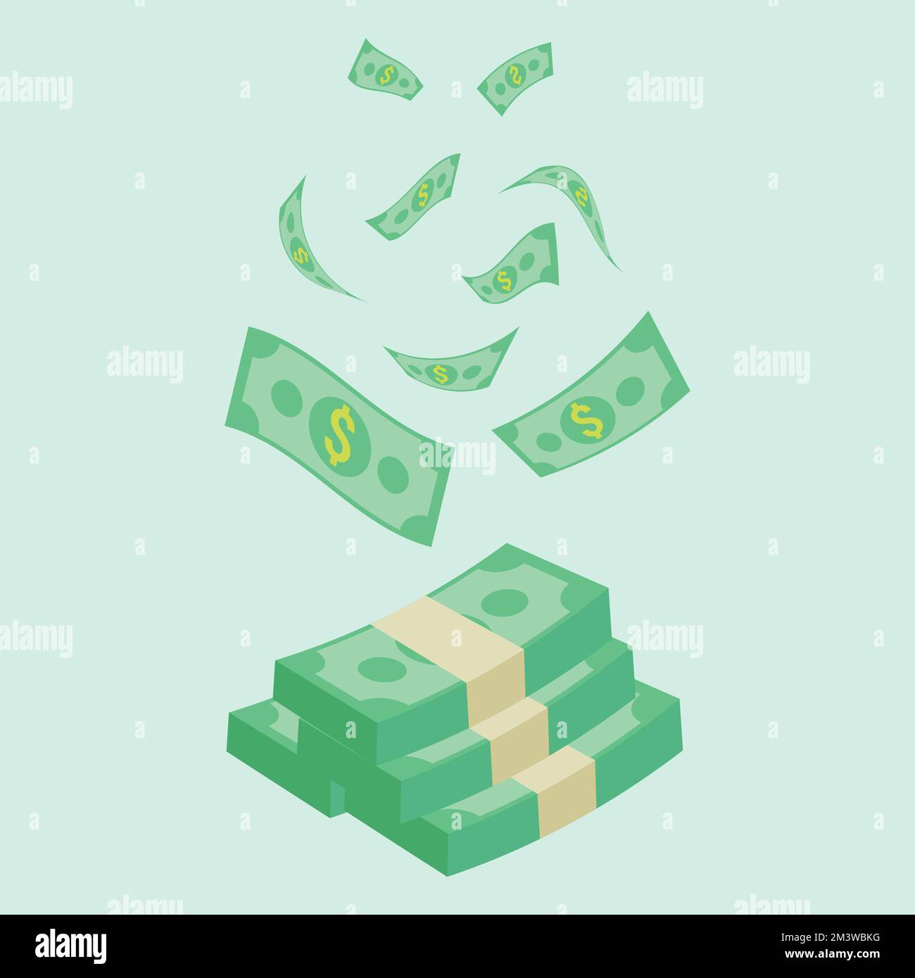 Isometrische Money-Dollar-Bargeld-Flachvektordarstellung. Abbildung: Dollarscheine. Gesetzesentwurf zum Grünbuch. Fly Cartoon Geld isoliert auf blauem Hintergrund. Stock Vektor