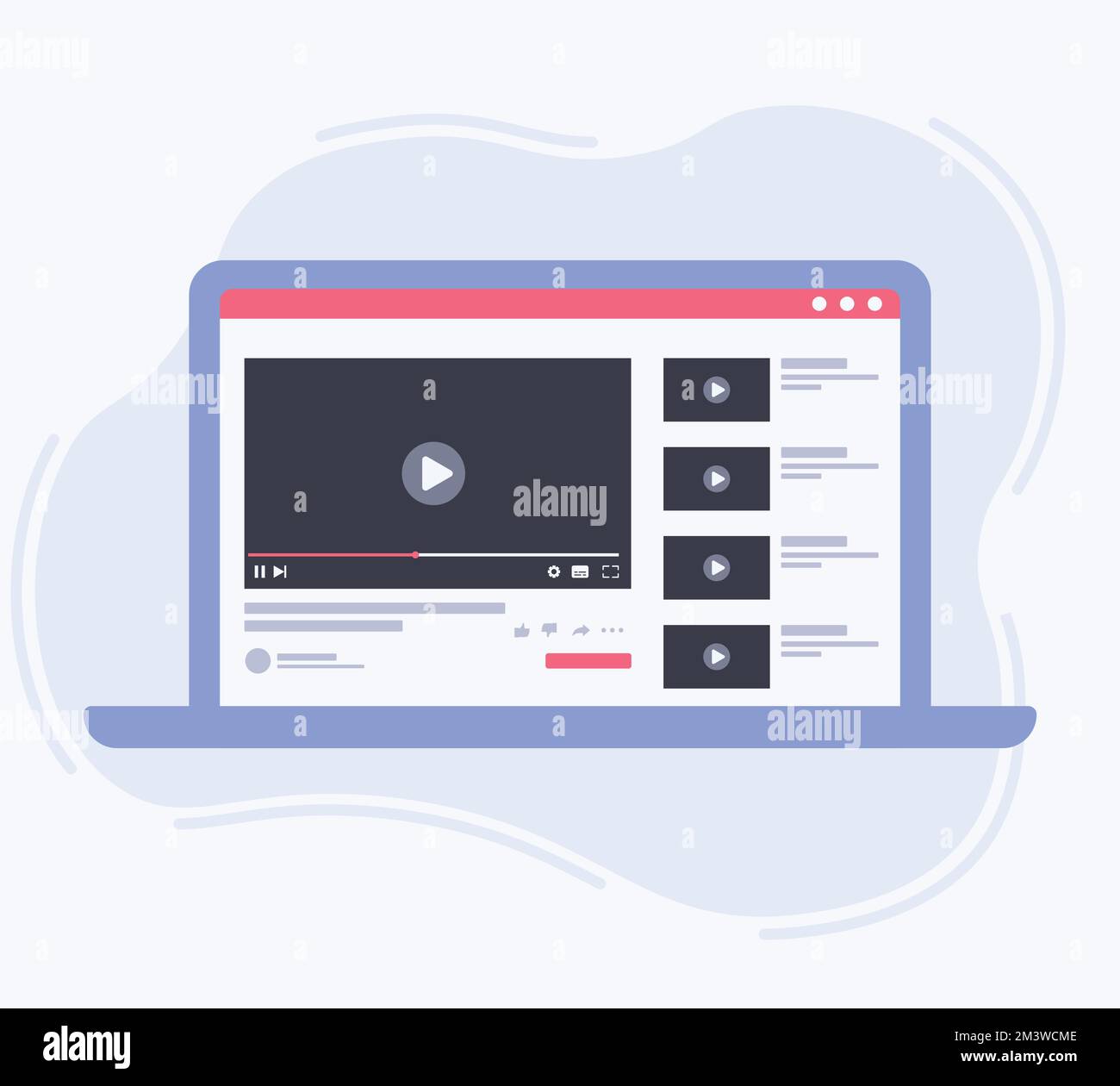 Webvideo-Player-Vorlage für soziale Medien auf Laptop-Bildschirm. Laptop mit Videoplayer auf dem Bildschirm. Sehen Sie sich Filme, Schulungsmaterialien, Webkurse an. Vektor Stock Vektor