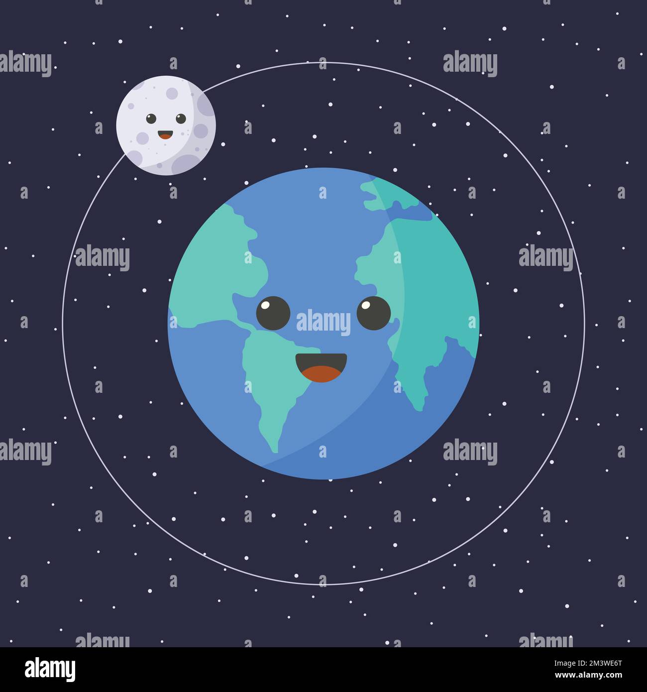 Zeichentrickfilm von Erde und Mond mit fröhlichem Gesicht. Süßer Cartoon Kawaii Mond und Planet Earth in flacher Vektordarstellung Stock Vektor
