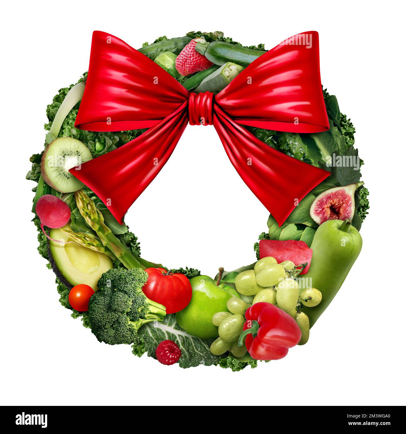 Gesundes Weihnachtsessen Symbol und gesundheitliche Vorteile des Verzehrs von Obst und Gemüse als lustiger festlicher Weihnachtskranz mit roter Schleife Stockfoto