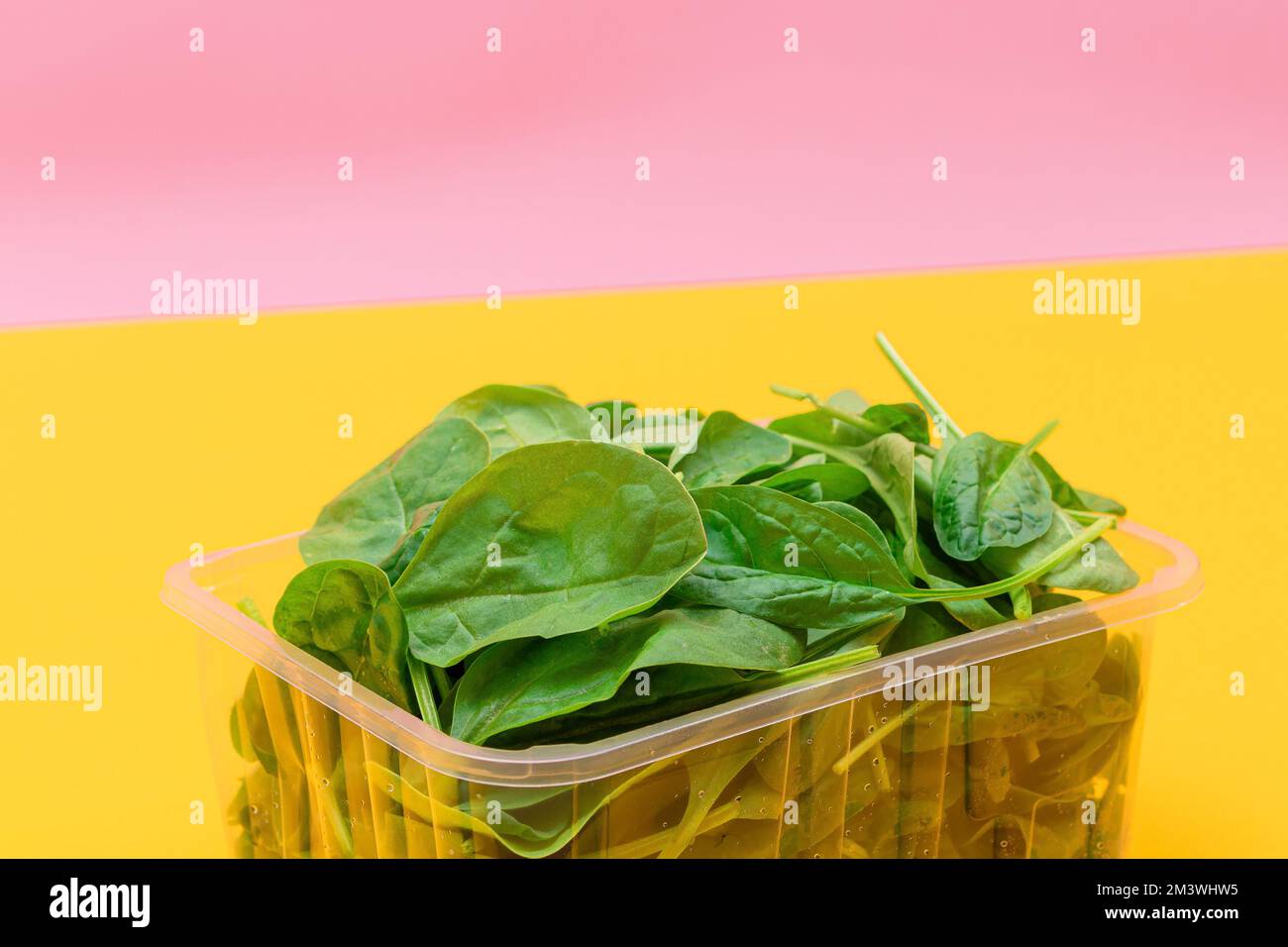 Frisches Baby Spinat Blätter in transparentem Kunststoff-Paket auf gelbem Hintergrund. Vegane und vegetarische Kultur. Rohkost, Grüne Blätter. Gesunde Ernährung Stockfoto