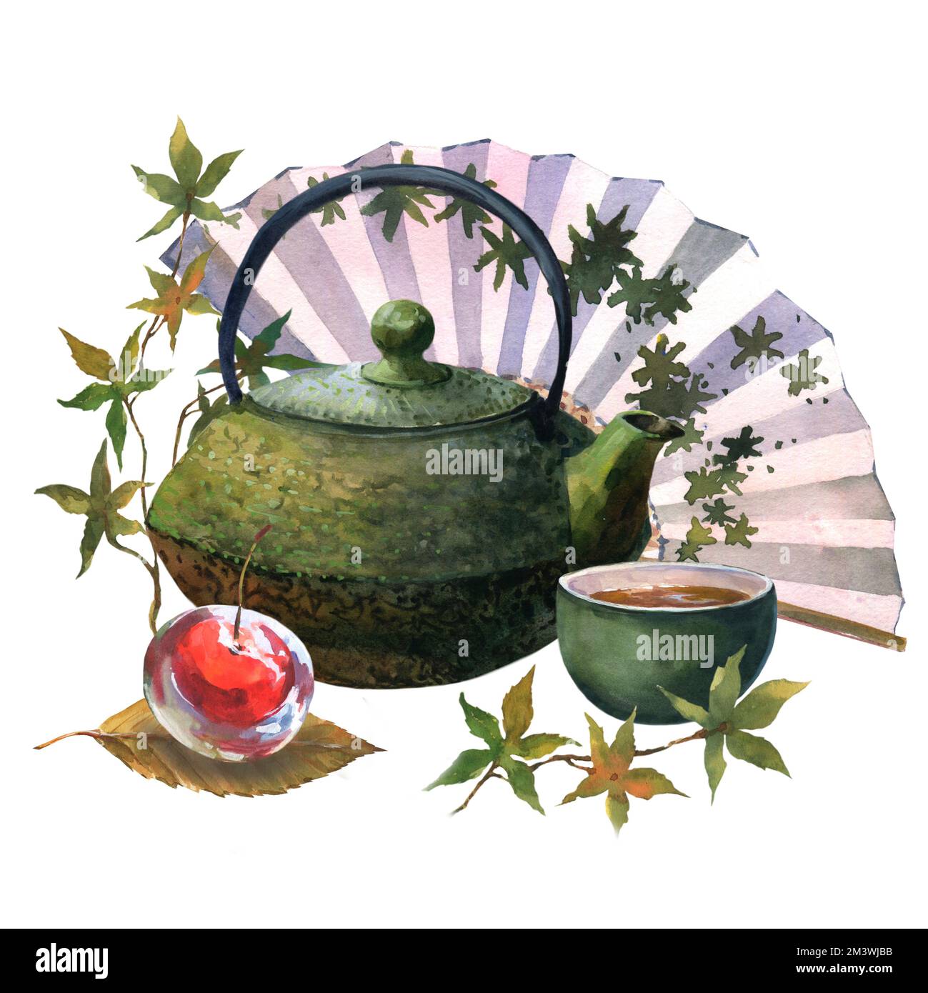 Aquarell-asiatischer Tee mit grüner teekanne, grüner Tasse Tee, Gelee-Kirsche auf Blättern von Sakura und japanischem Fan, isoliert auf weißem Hintergrund. Essen d Stockfoto