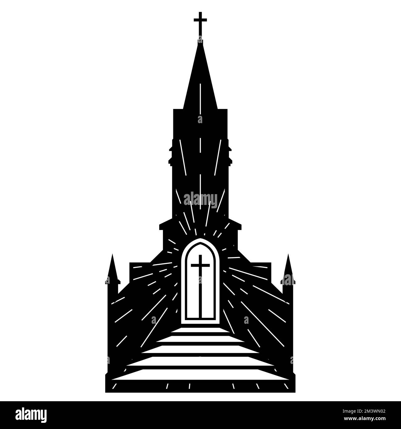 Christlich-katholisches Kirchengebäude mit glänzendem Eingang und Treppen, Gebetskonzept, Silhouette der Kathedrale, Vektor Stock Vektor