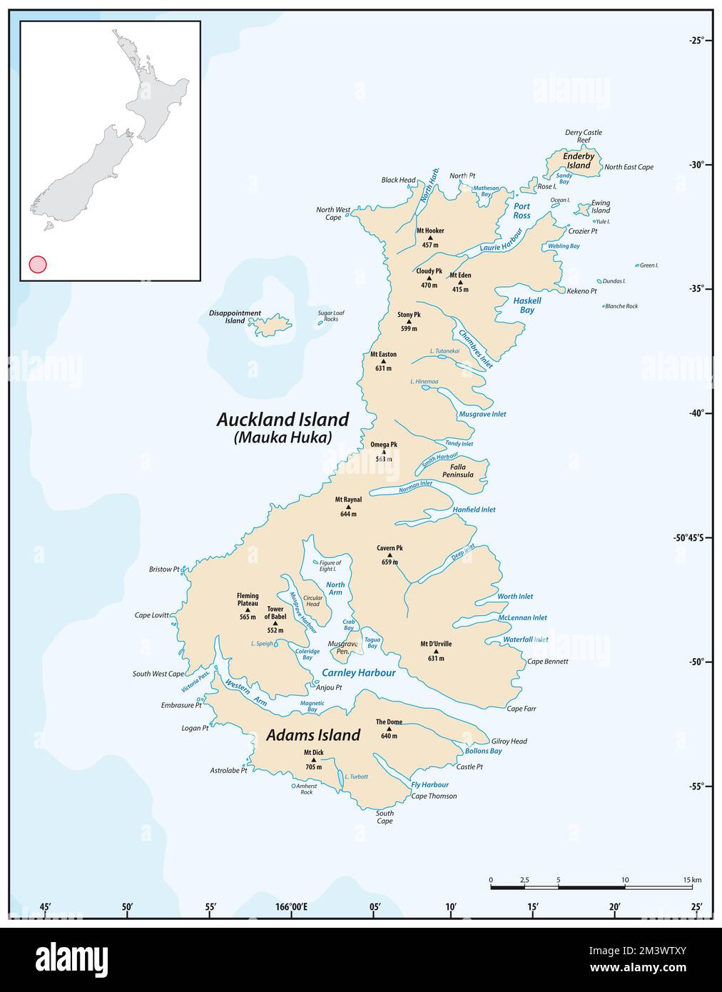 Vektorkarte der subantarktischen Auckland-Inseln, Neuseeland Stockfoto