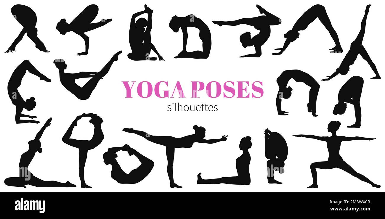 Ein Satz weiblicher Silhouetten, die Yoga und Fitness machen. Stock Vektor