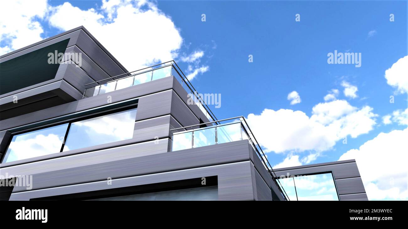 Magischer wolkiger blauer Himmel als Hintergrund für abstraktes Anwesen aus Aluminium und Glas in Form einer Treppe. 3D-Rendering. Stockfoto