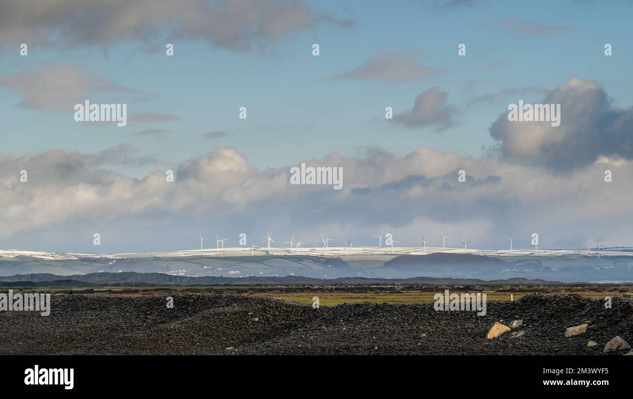 Winter Windfarm Landschaft, North Devon, England. Stockfoto