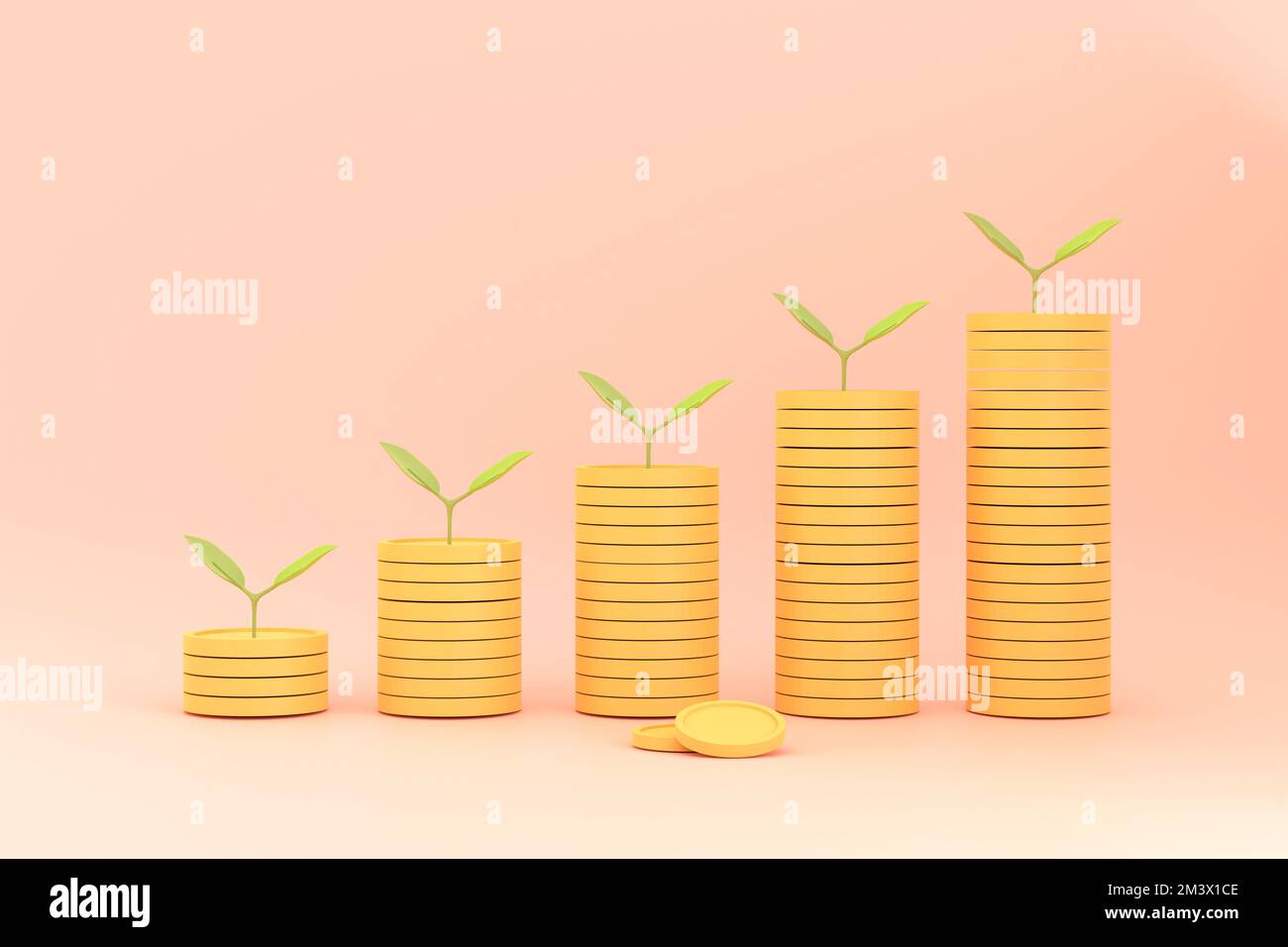 3D. Der Zeichentrickbaum auf dem Münzhaufen ist von klein bis groß angeordnet und in Form einer Grafik dargestellt. Stockfoto