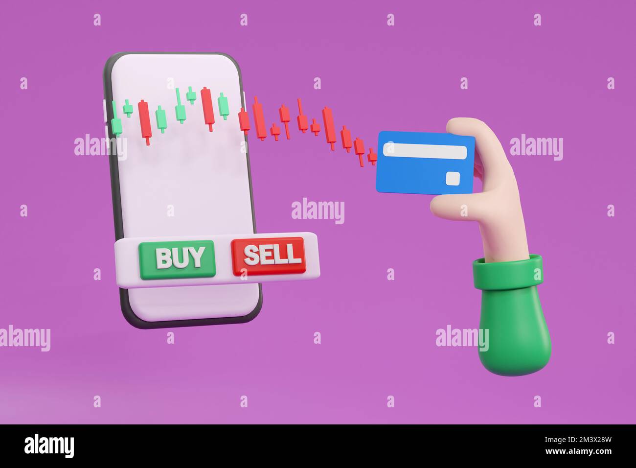 3D. Kreditkarte und Smartphone mit Börsen-App auf dem Bildschirm, um Zahlungen oder Transaktionen durchzuführen Stockfoto