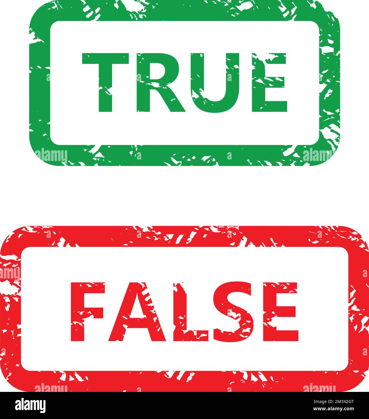 Symbol für „wahr“ und „falsch“ für Gummistempel. Vektordarstellung. Korrektes falsches Symbol, schmieriges Vertrauenszeichen, Gummistempel wahr falsch, Prüfung auf gültige Beweise Stock Vektor