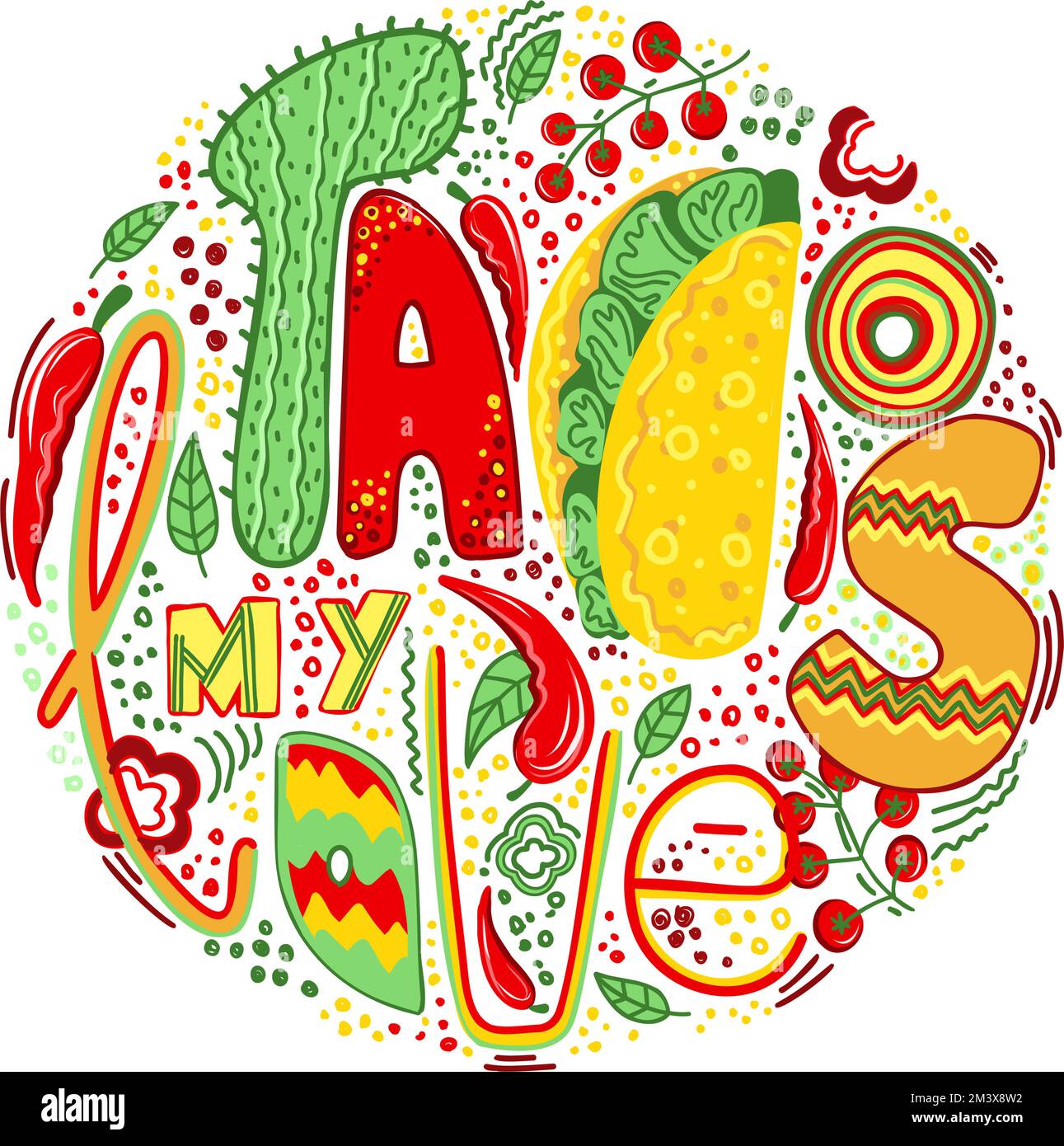 Taco. Mexikanische Küche. Taco. Moderner Druck für T-Shirts und Postkarten. Stock Vektor