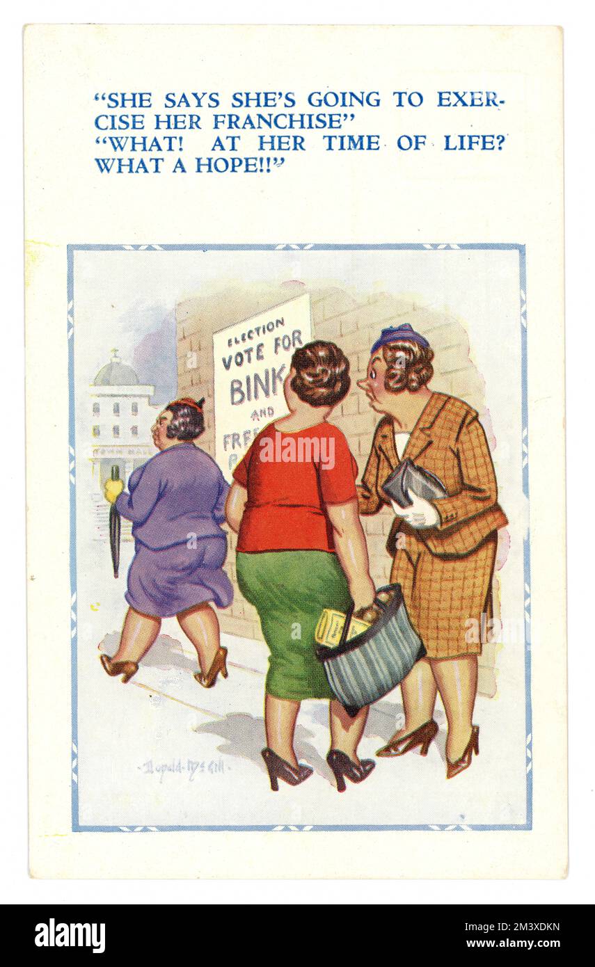 Originale Post WW2 Comic-Postkarte, Frauen, die ihr Franchise ausüben, „auch zu ihrer Lebenszeit“. (Der Equal Franchise Act wurde 1928 in Großbritannien erlassen) um 1948, veröffentlicht von D. Constance Ltd., London, Großbritannien Stockfoto