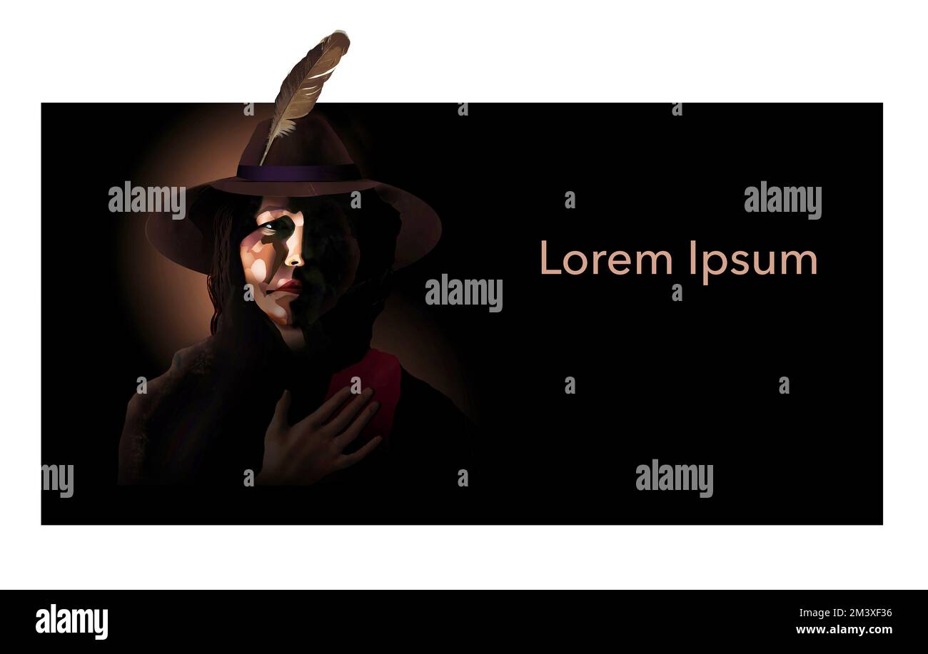 Eine Frau mittleren Alters in einem breiten Hut mit einer Feder und der indianischen Ureinwohner Ethnie ist in dieser 3-d Abbildung in einem Sterotyp dargestellt zu sehen Stockfoto