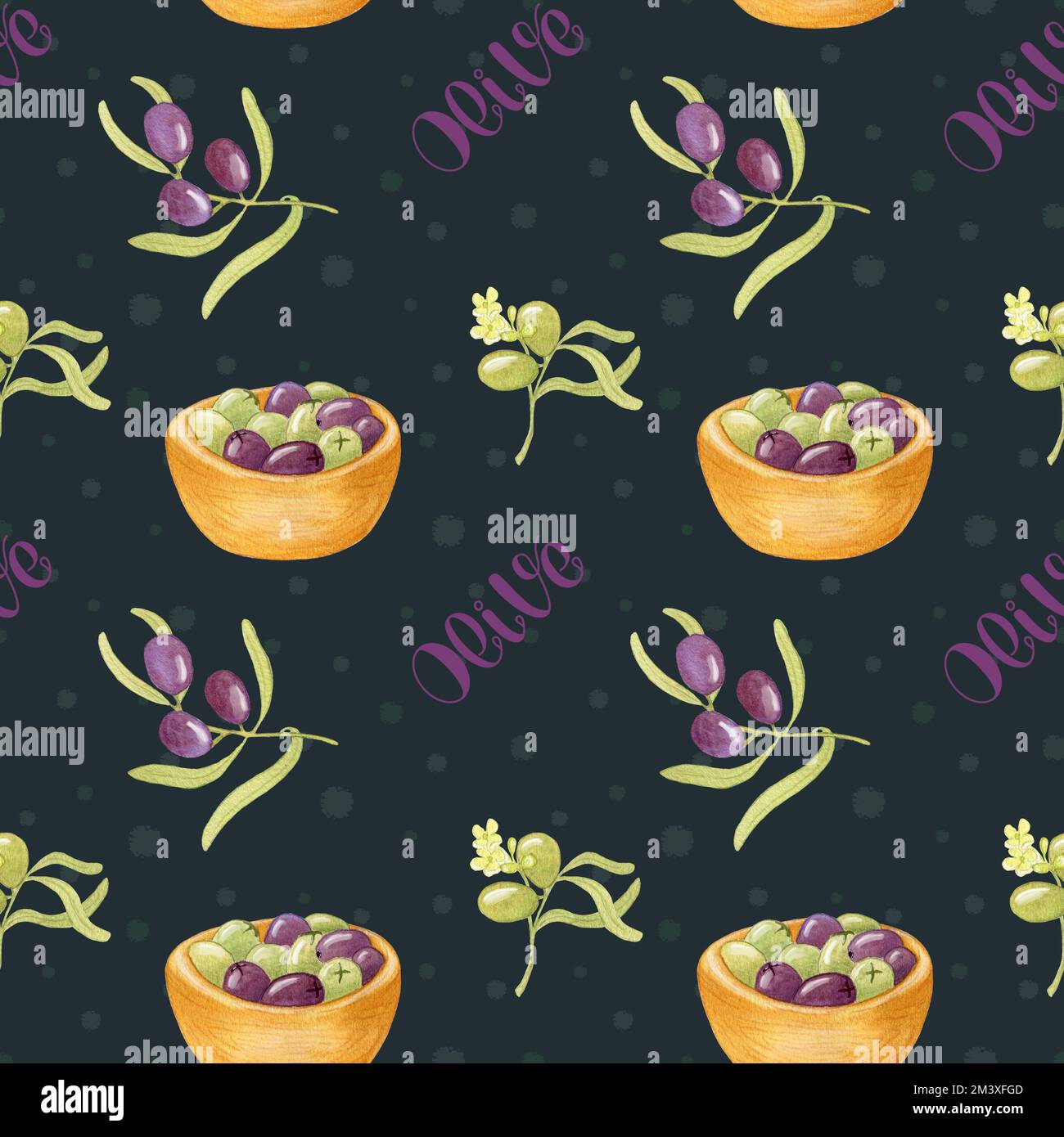 Wasserfarbenes, Nahtloses Olive-Muster. Illustration mit Oliven in einer Holzschüssel und Olivästen. Design für kosmetische Verpackungen. Stockfoto