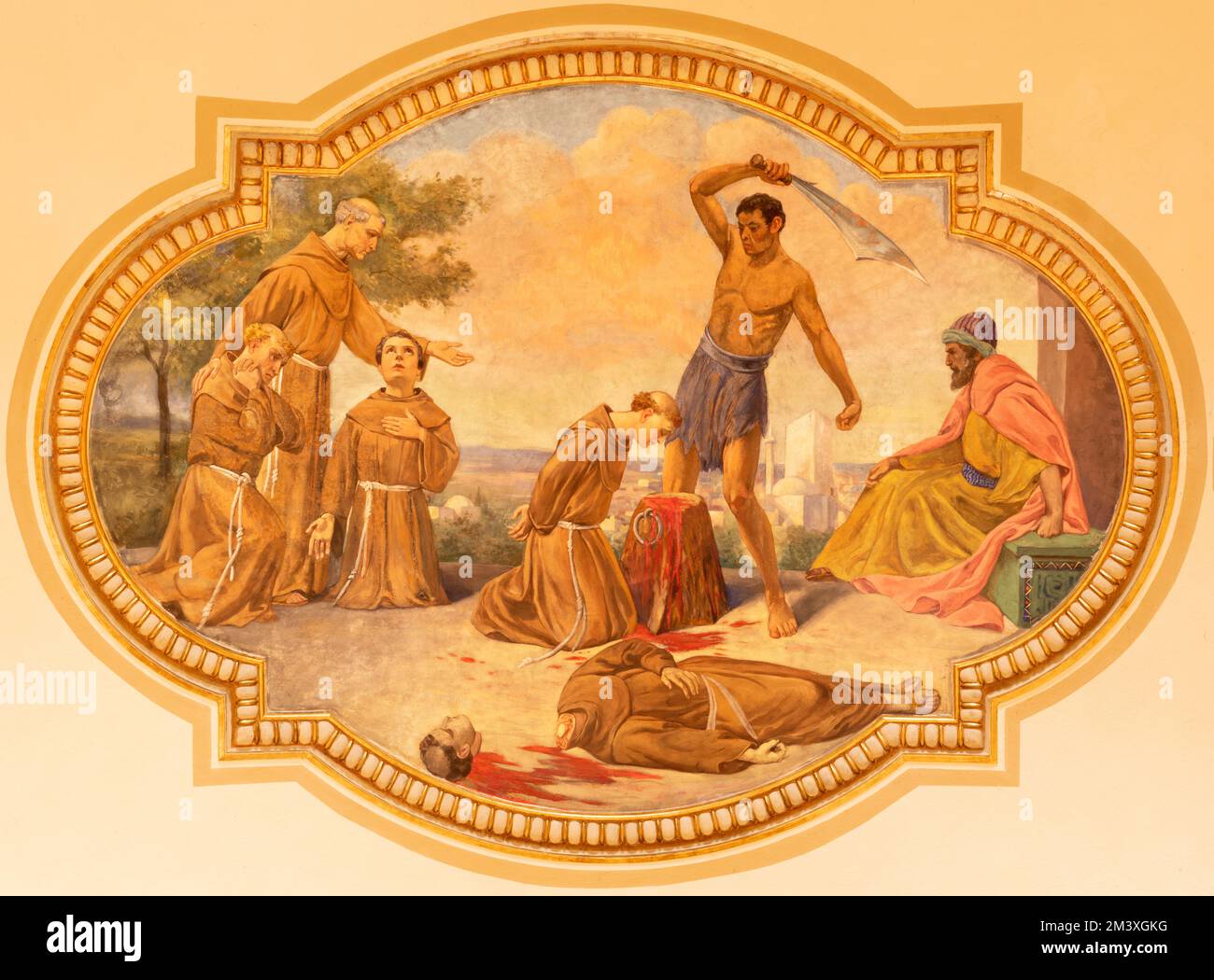 VARALLO, ITALIEN - 17. JULI 2022: Das Fresko der Hinrichtung franziskaner durch den maurischen König in der Kirche Chiesa di sant Antonio von C. Secchi Stockfoto
