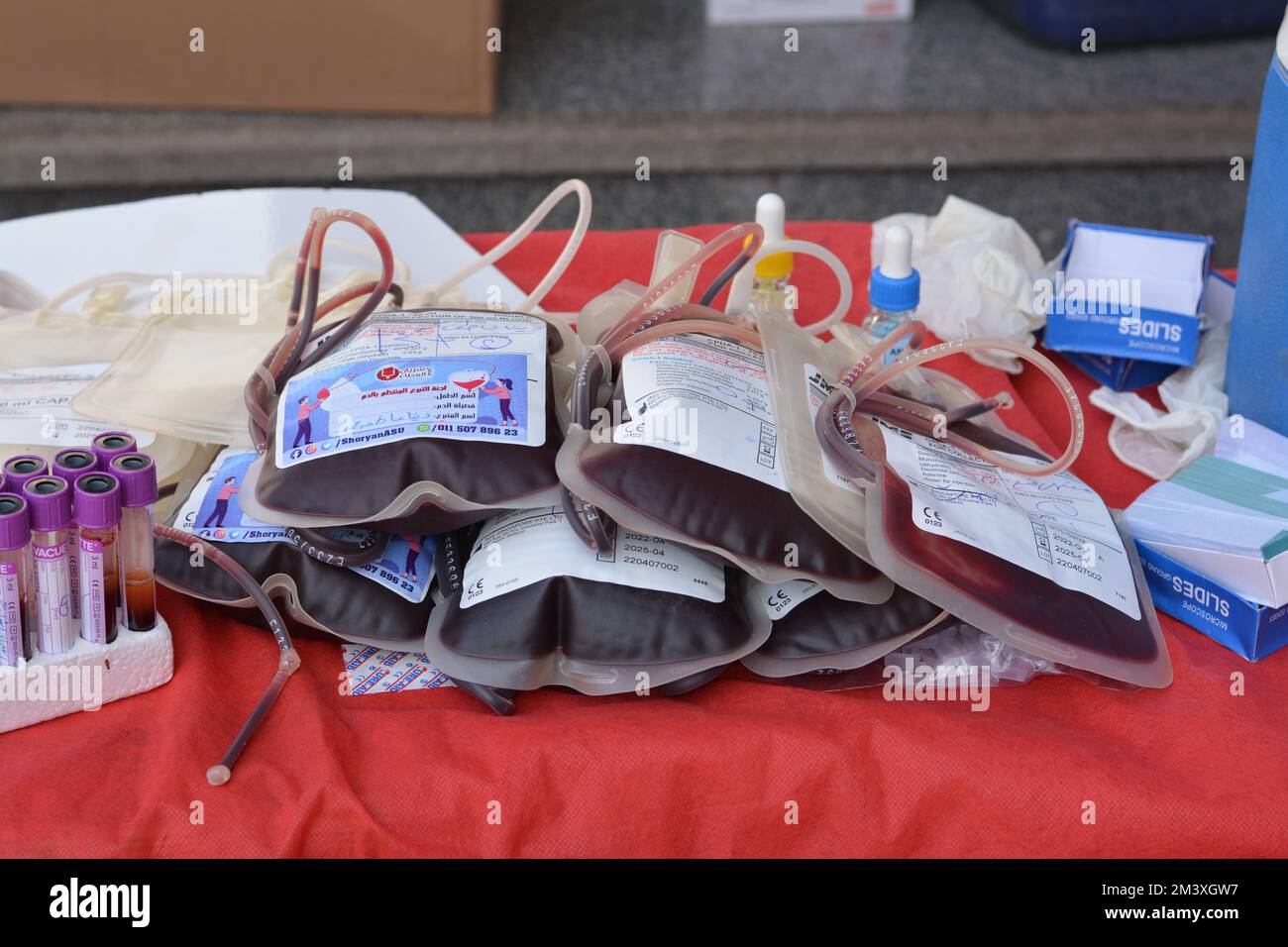 Kairo, Ägypten, Dezember 15 2022: Blutbeutel und Blutproben von Spendern bereit zur Lieferung an die Blutbank während einer Blutspendekampagne für Chil Stockfoto