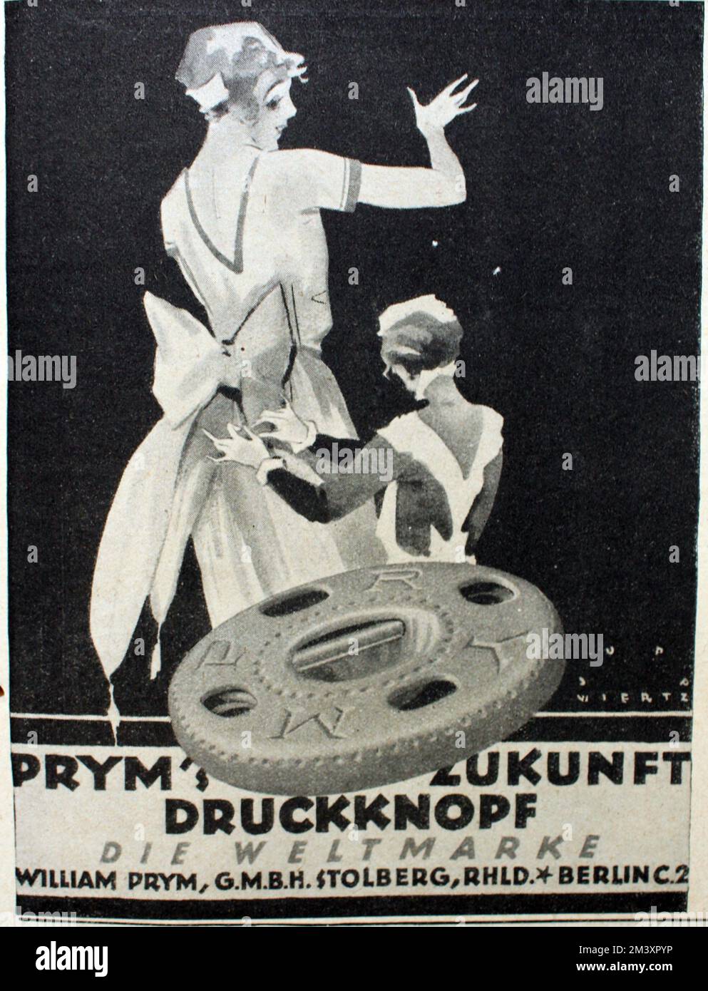 Anzeige für Pryms Zukunft Druckknopf aus dem Jahr 1921, gestaltet von Jupp Wiertz (1888-1939). Die Firmengeschichte von Prym reicht 500 Jahre zurück. Hans Friedrich Prym ließ 1903 den von Heribert Bauer erfundenen Druckknopf verbessern und patentieren; er wurde zum Ehrenbürger der Stadt Stolberg ernannt. Jupp Wiertz gehört zu den bedeutendsten Vertretern der deutschen Reklamekunst. . Stockfoto