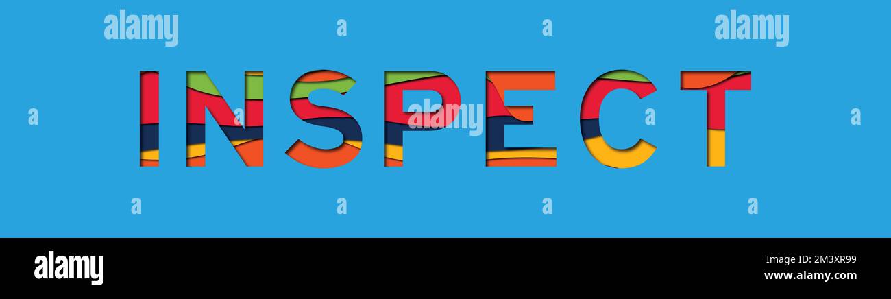 Brief mit Paperut-Schriftzug in Wort inspizieren auf blauem Hintergrund Stockfoto