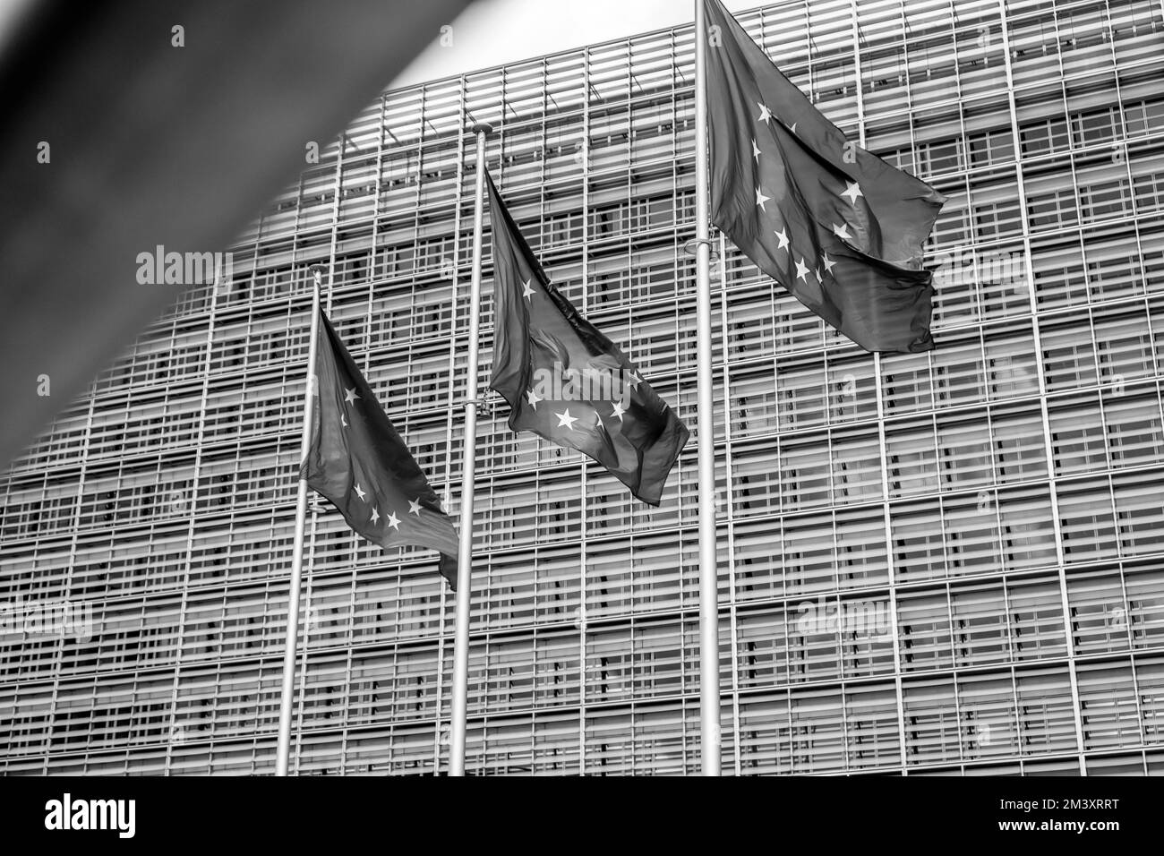 Mehrere offizielle europäische Flaggen mit den blauen und gelben Sternen sind entlang des Berlaymont-Gebäudes gehisst | plusieurs drapeaux officiels europeens Stockfoto